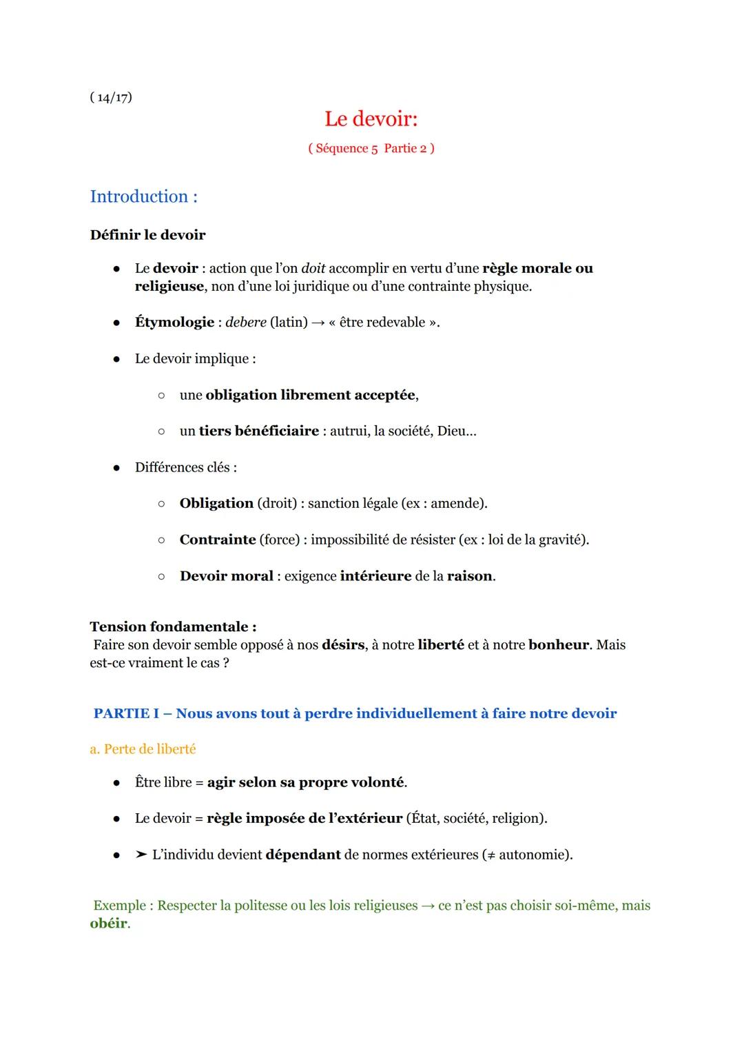 # Le devoir:
(Séquence 5 Partie 2)
## Introduction :
Définir le devoir
* Le devoir : action que l’on doit accomplir en vertu d’une règle