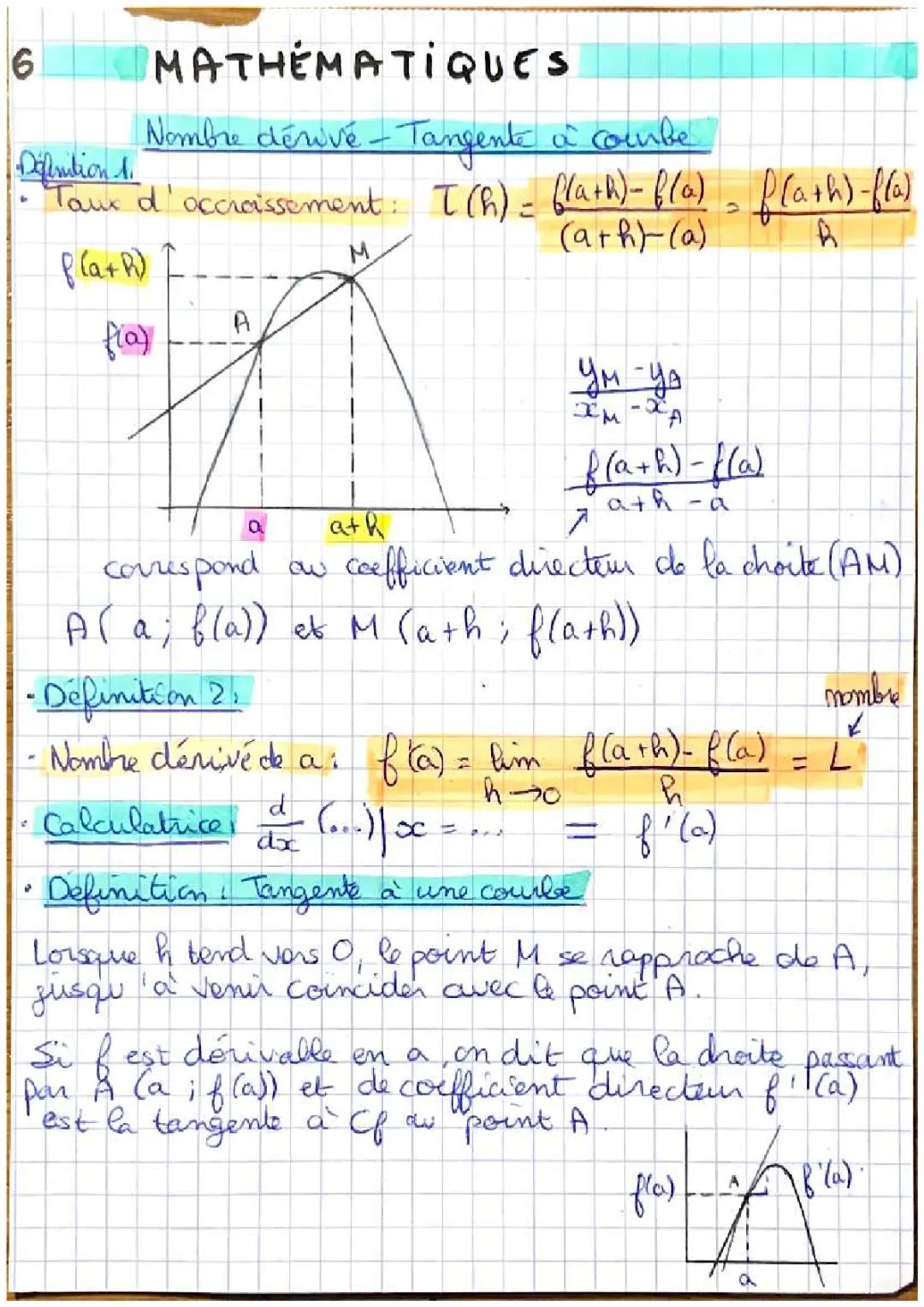 MATHÉMATIQUES - Nombre dérivé - Tangente à une courbe