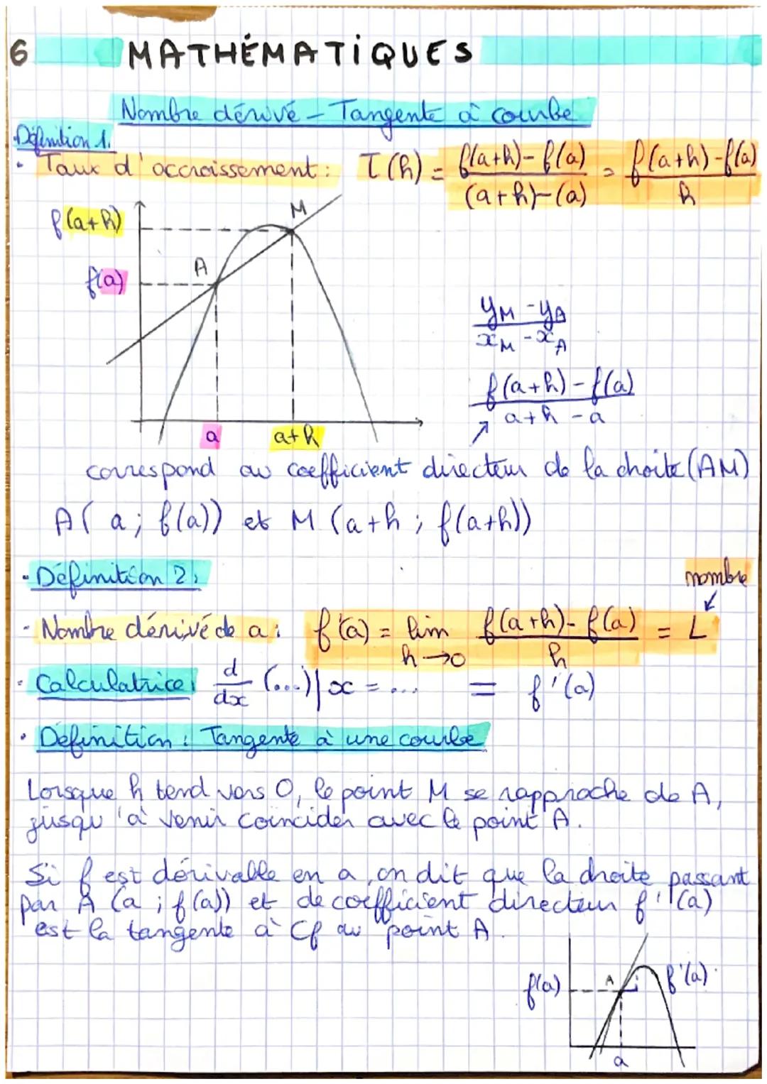 MATHÉMATIQUES
Nombre dérivé - Tangente à combe
Definition 1.
• Taux d'occroissement: I (h) = f(a+h)-f(a) f(a+h)-f(a)
(a+h) (a)
B
f(a+h)
f(a)