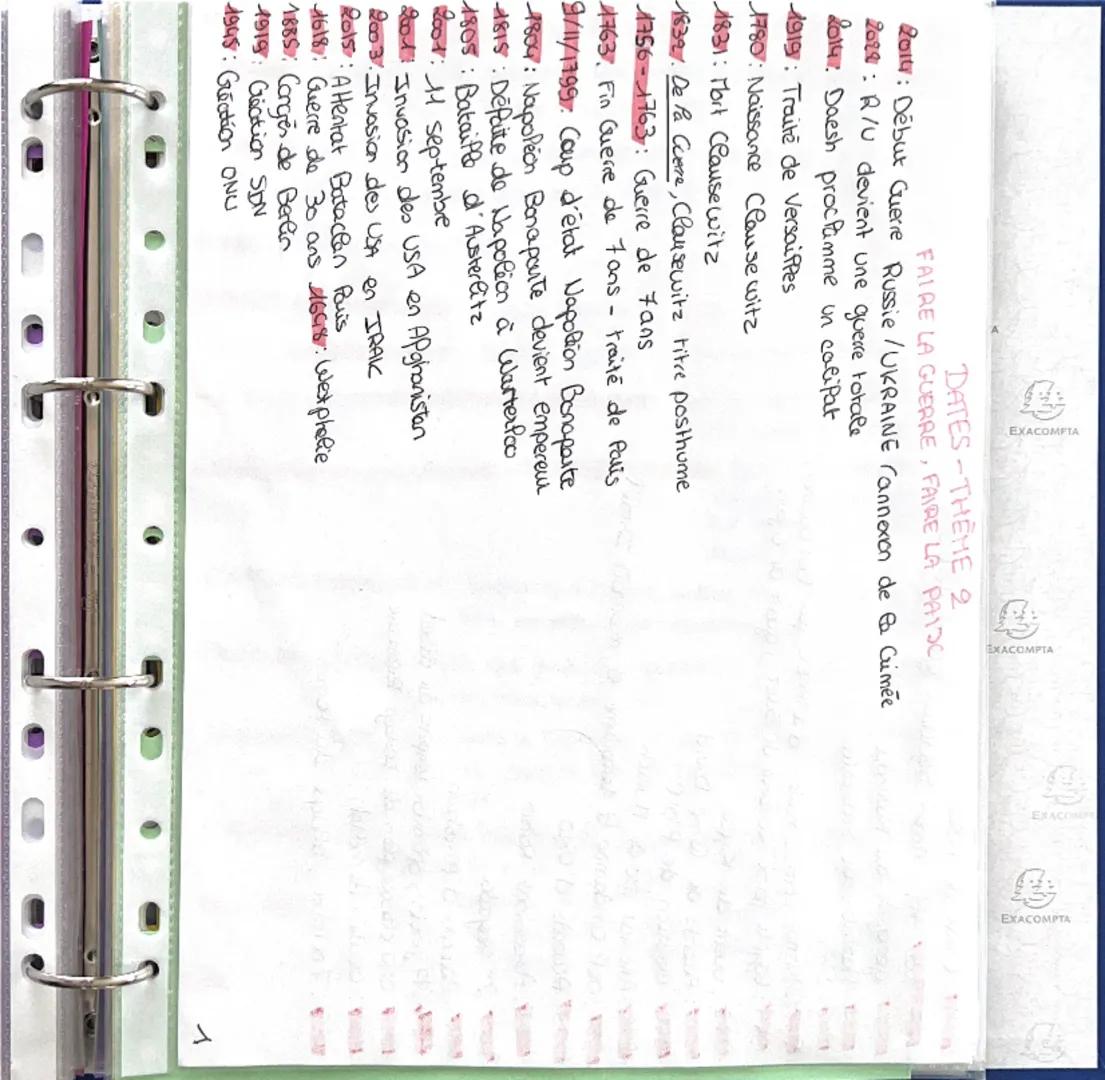 --- OCR Start ---
EXACOMPTA
DATES-THEME 2
FAIRE LA GUERRE, FAIRE LA PAISC
2014: Début Guerre Russie / UKRAINE rannexion de la Grimée
2022: R