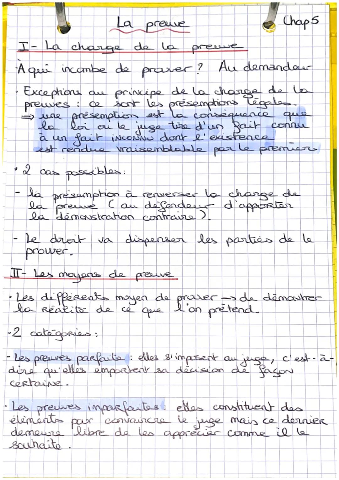 La preve
Chap 5
I-La charge de la preve
Aqui incombe de prover? Au demande
Exceptions au principe de la charge de la
preuves: ce sont les