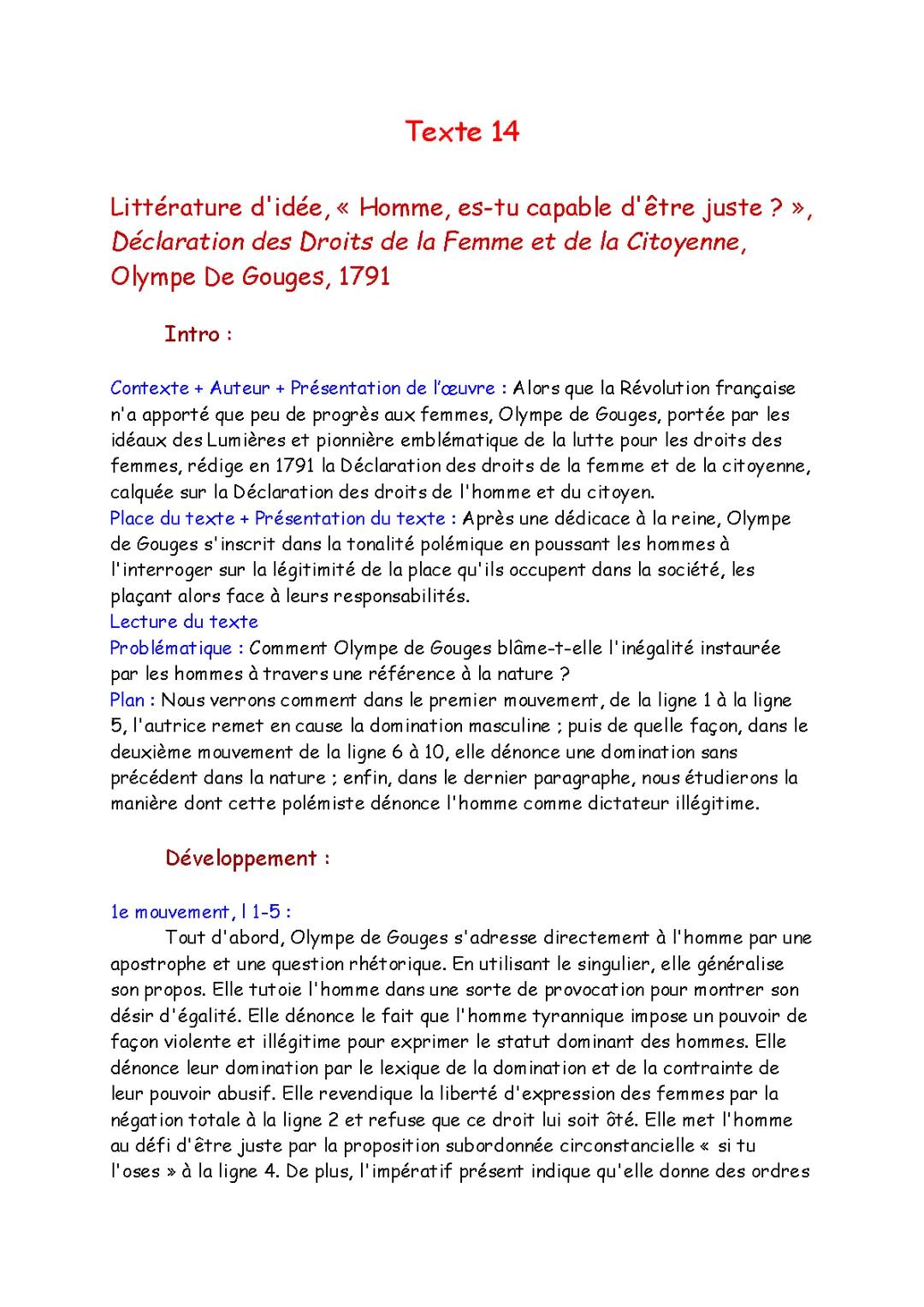 Analyse de la Déclaration des Droits de la Femme par Olympe de Gouges
