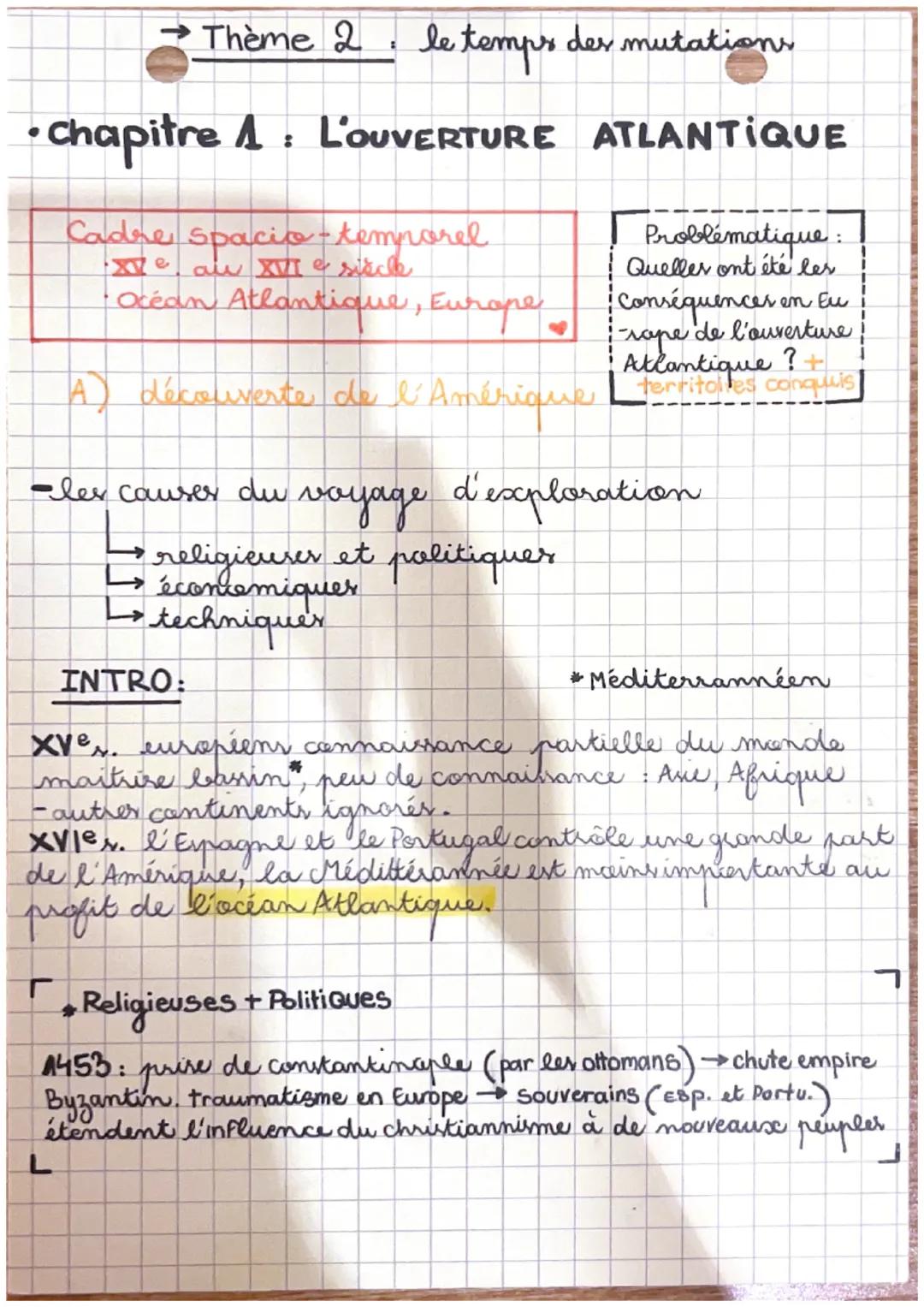 → Thème 2 le temps des mutations
•Chapitre 1 : L'OUVERTURE ATLANTIQUE
Cadre Spacio-temporel
* XVe au XVI e siècle
* Océan Atlantique,