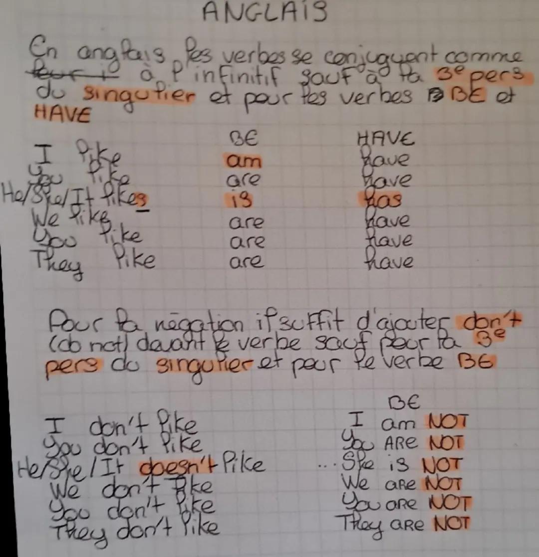 ANGLAIS
En anglais les verbes se conjuguent comme
four à l'infinitif sauf à la 3e pers
du singulier et pour les verbes BBE of
HAVE
et
BE
HAV