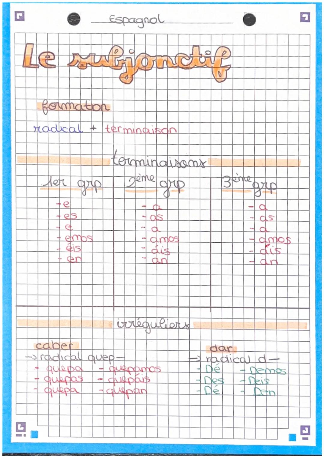 Espagnol
# Le subjonctif
formation
radical + terminaison
## terminaisons
| леч дър | 2ёте дър | Зете дър |
|---|---|---|
| -e | -a | -a