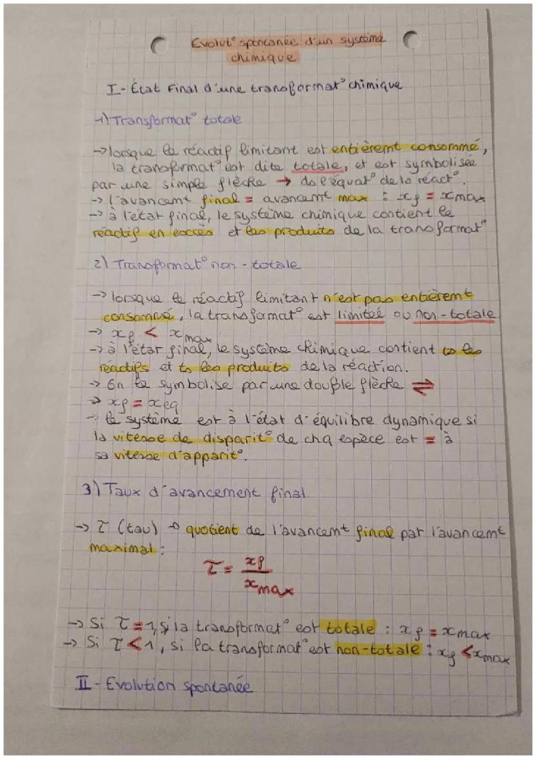 Évolution spontanée d'un système chimique
