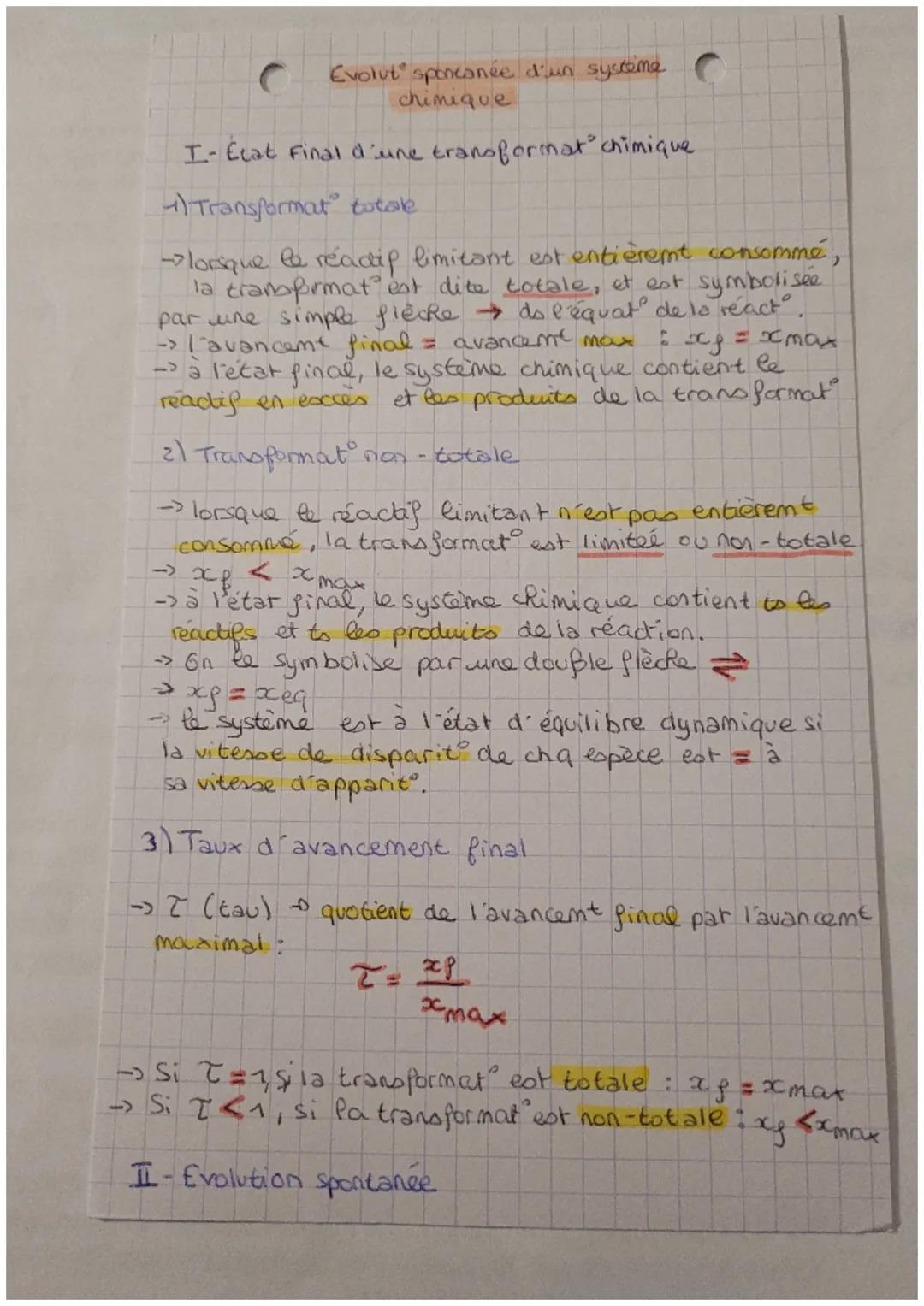 C
I- État final d'une transformat' chimique
4)Transformat totale
Evolut spontanée d'un système
chimique
→lorsque le readif limitant est enti