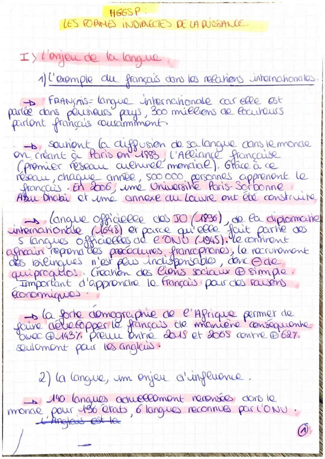 HGGSP:
LES FORMES INDIRECTES DE LA PUISSANCE
I) l'enjeu de la langue
1) l'exemple du français dans les relations internationales
-> FRANÇAIS