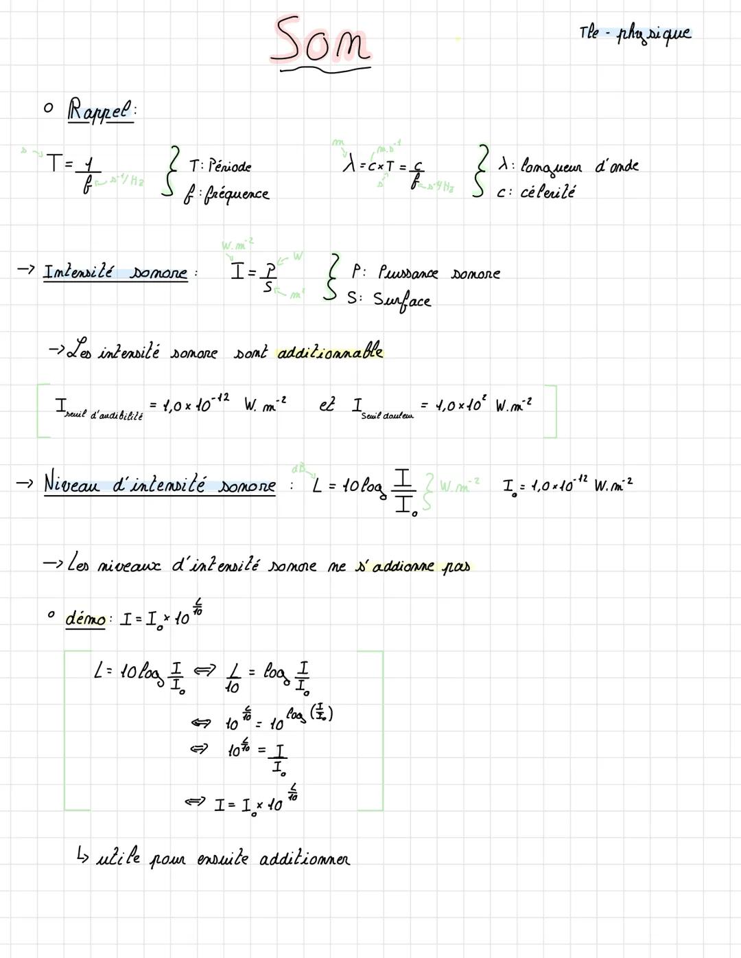# Som
Tle - physique
• Rappel:
T=$\\frac{1}{f}$ $\begin{cases} T: Période \\ f: fréquence \end{cases}$ $\lambda$=c×T=$\\frac{c}{f}$ $\beg