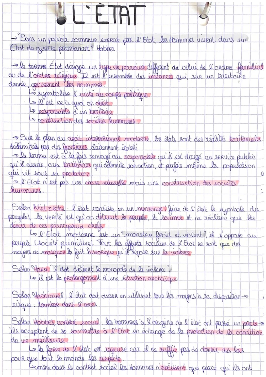 L'ETAT
> "Sans
un
pouvait commun exercée par l'Etat, les Hommes vivent dans un
Etat de guerre permanent" Hobbes.
→ le terme État designe un