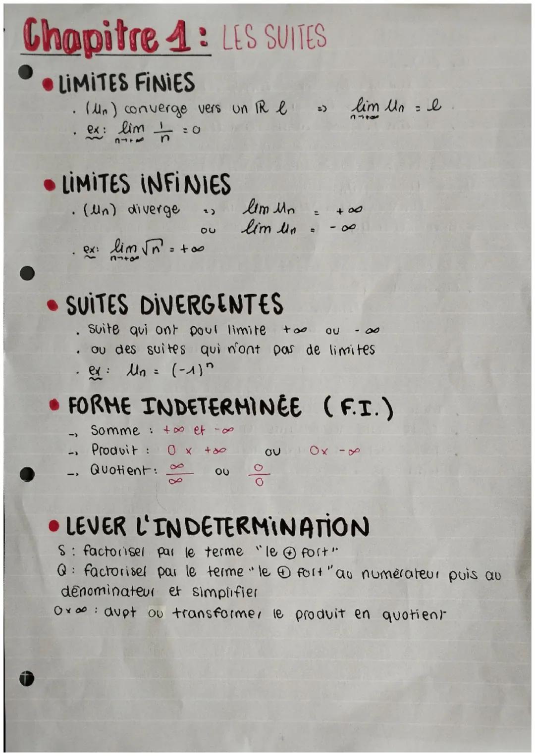 # Chapitre 1: LES SUITES
• LIMITES FINIES
* $(U_n)$ converge vers un $IR$ $l$ $\Rightarrow$ $lim_{n \to +\infty} U_n = l$.
* ex: $lim_