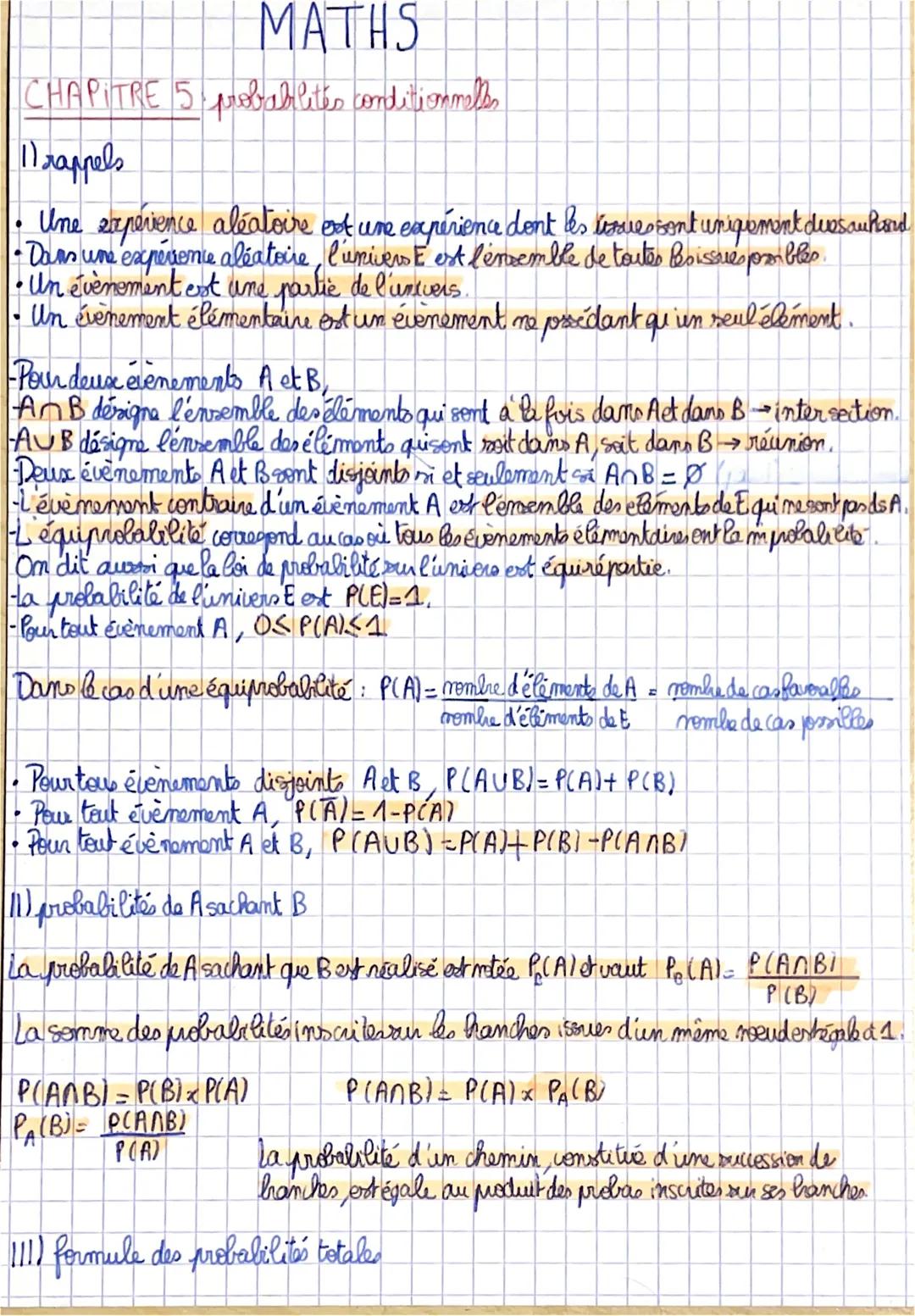 MATHS
CHAPITRE 5 probabilites conditionnelles
11 rappels
• Une expérience aléatoire est une expérience dont les looves sont uniquement dues