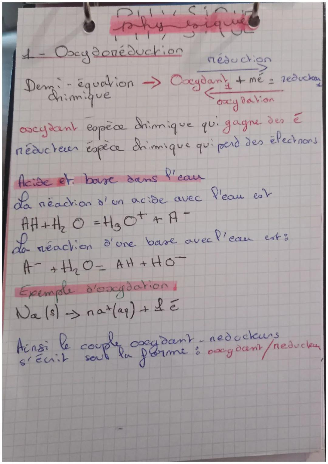 sin
esique
Phy
1- Oxydonéduction
réduction
Demi- équation → Oxydant + mé = Teduckay
chimique
oxydation
oxcydant espèce chimique qui gagne de