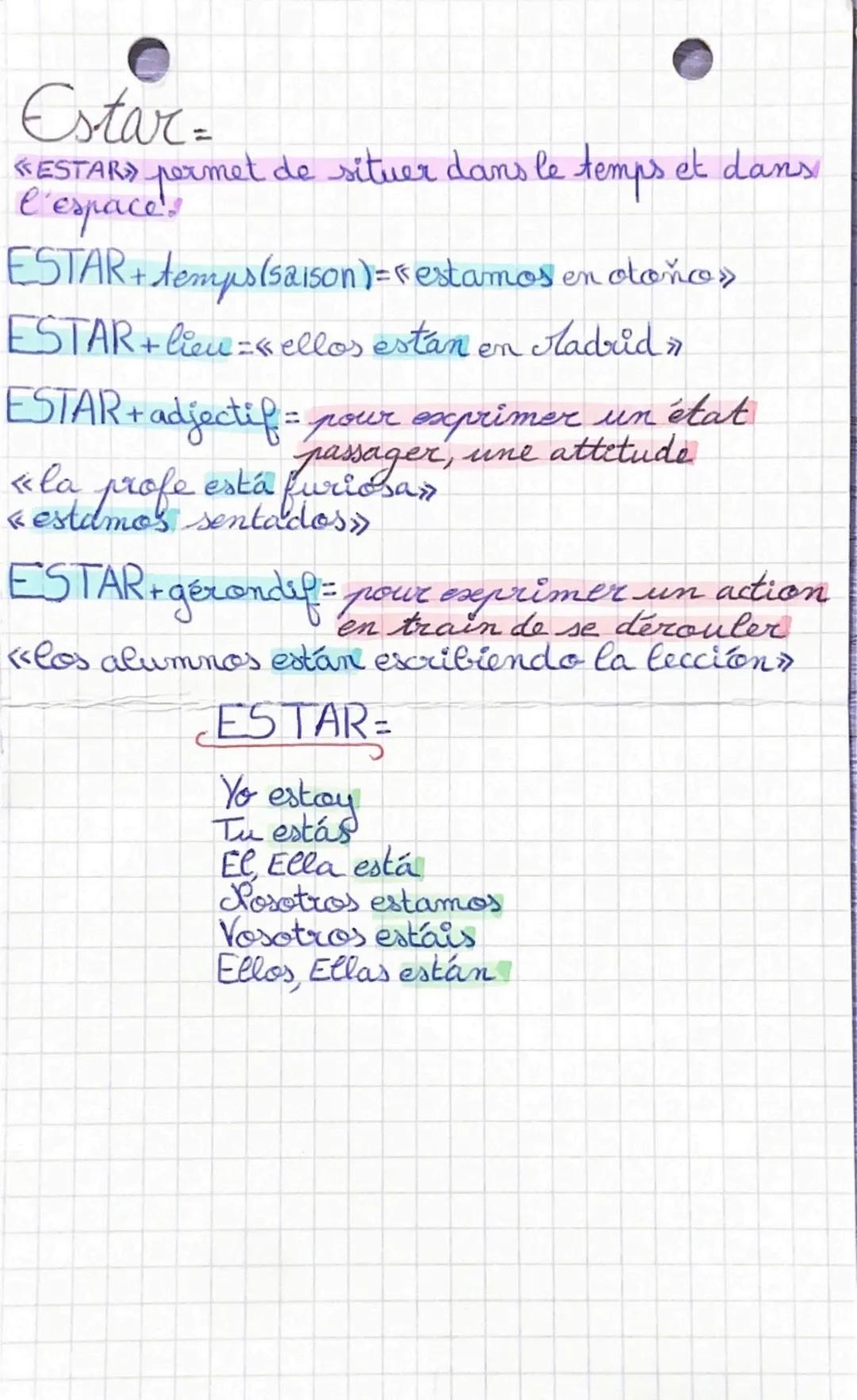•Español
smes emplois de SERet
ESTAR
Ser=
<SER»> permet de définir ou présenter quelqu'un.
SER+ nom = << es un estudiante >>
SER + prénom =«