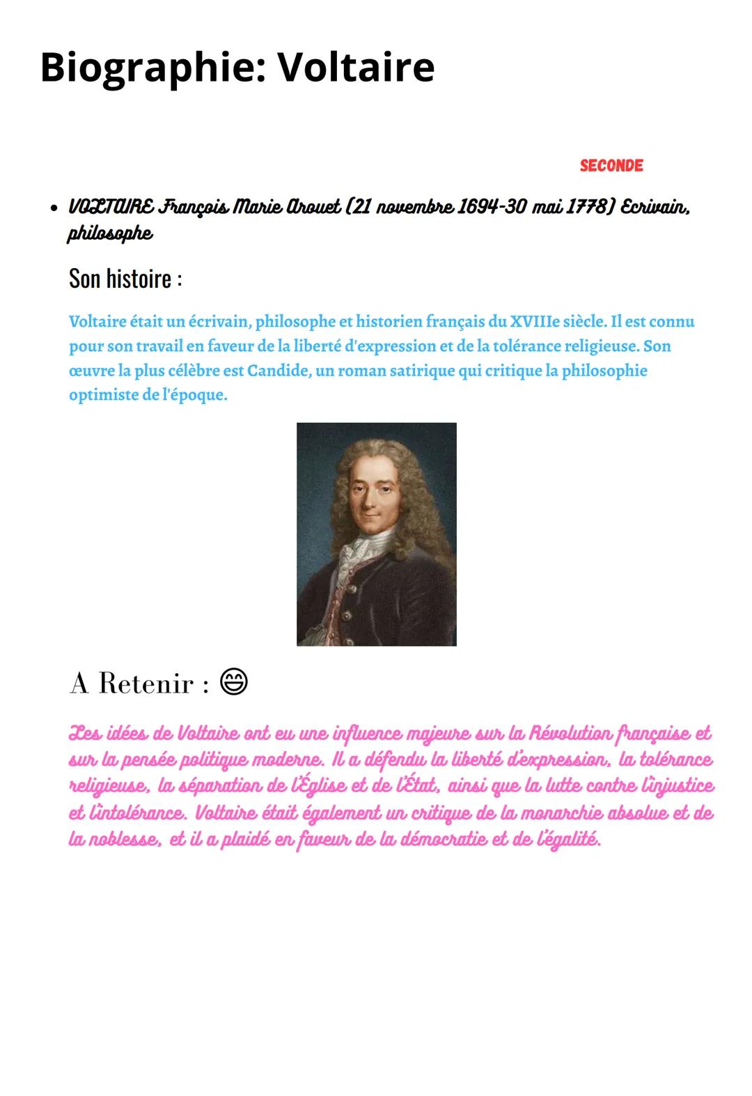# Biographie: Voltaire
SECONDE
* VOLTOIRE François Marie Arouet (21 novembre 1694-30 mai 1778) Ecrivain, philosophe
Son histoire :
Vol