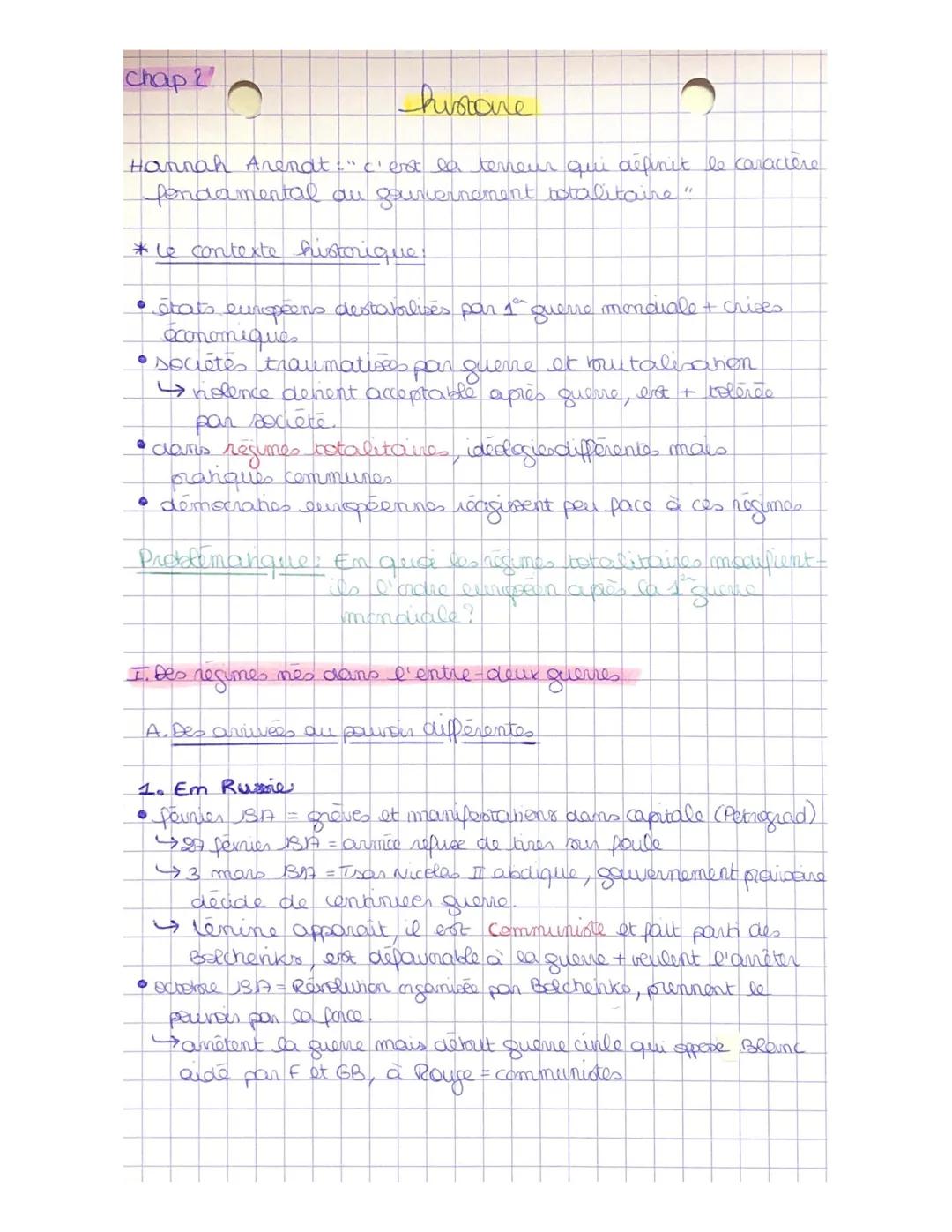chap 2
histoire
Hannah Arendt: " c'est la terreur qui définit le caractère
fondamental du gouvernement botalitaire"
* le contexte historique