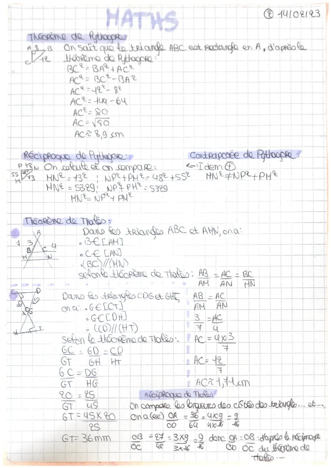 # MATHS
② 14102193
Théorème de Pytloopre
13B On sait que le triangle ABC eat Rectangle en A, d'après le
AB
e theorema de Pythagore:
$BC^