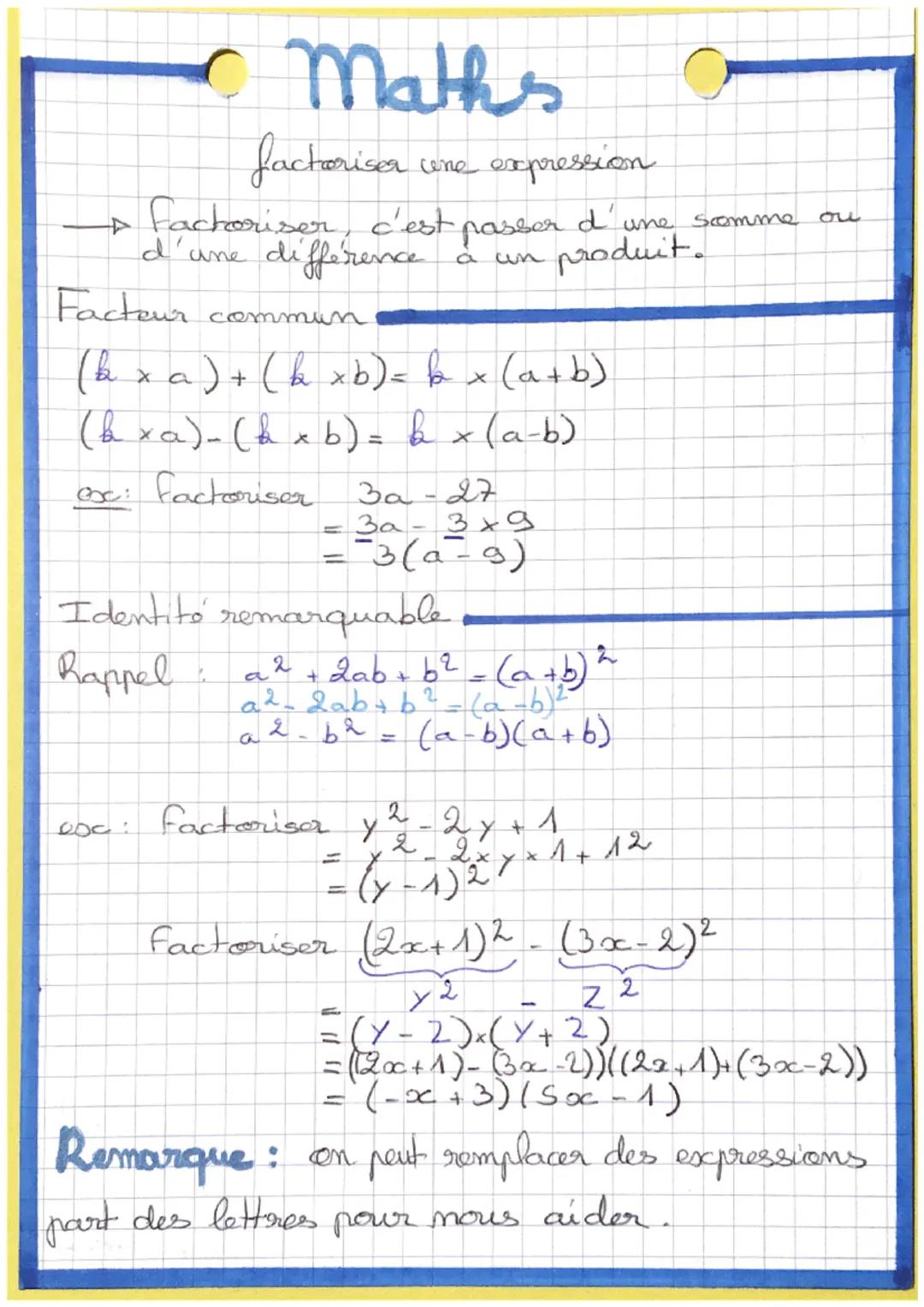 # Maths
Les identités remarquables
$
\rightarrow Pour tous réels a et b, on a:
$
$(a+b)^2 = a^2+ 2ab+ b^2$
forme factorisée forme dévelo
