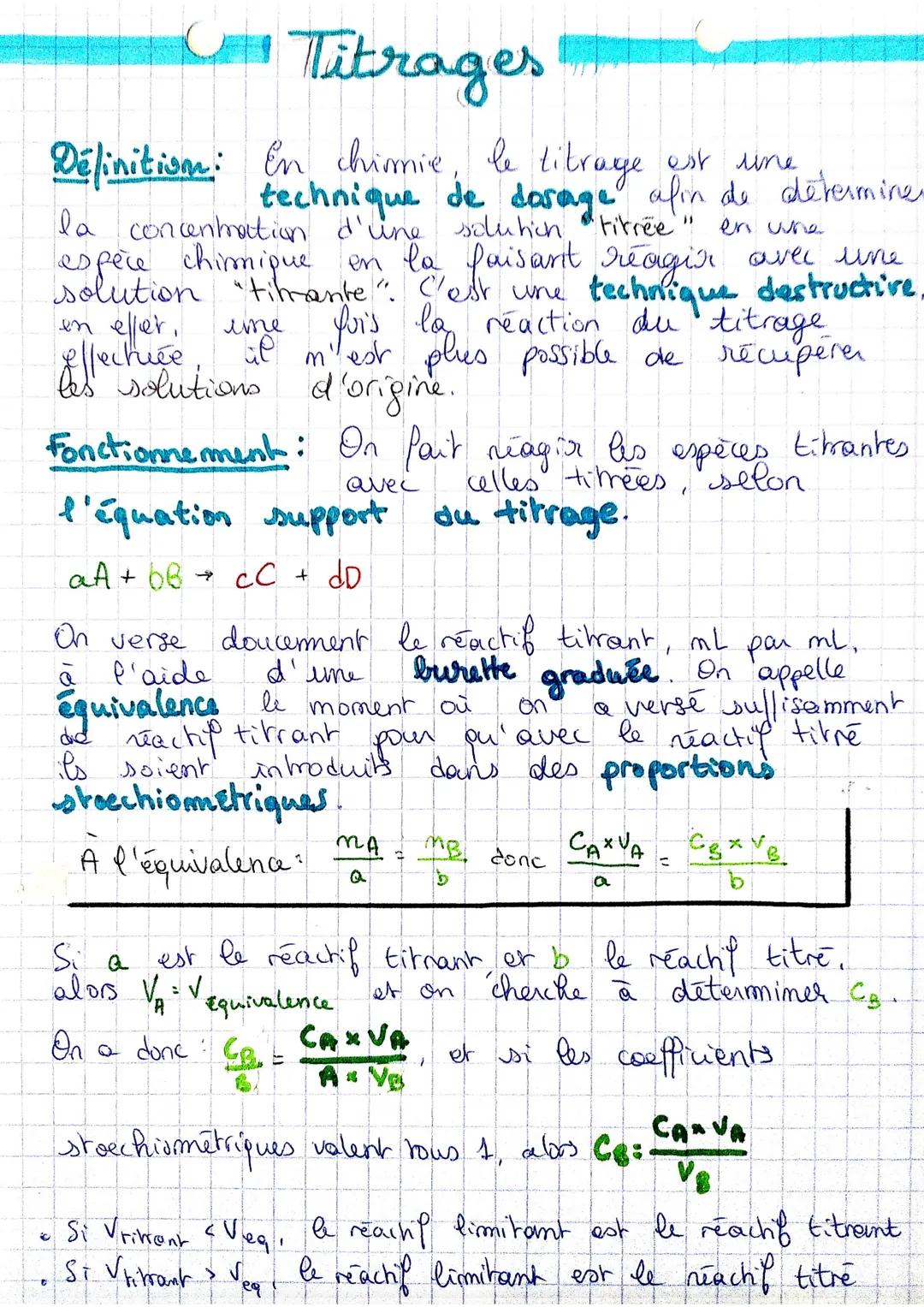 Titrages
Définition: En chimie, le titrage est une
en une
technique de dosage afin de détermine.
la concentration d'une solution titree
espè
