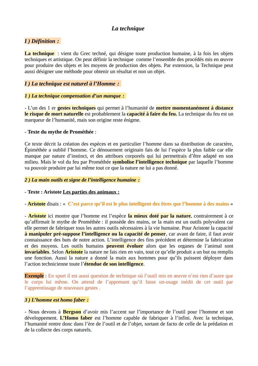 # La technique
I) Définition:
La technique: vient du Grec techné, qui désigne toute production humaine, à la fois les objets
techniques et