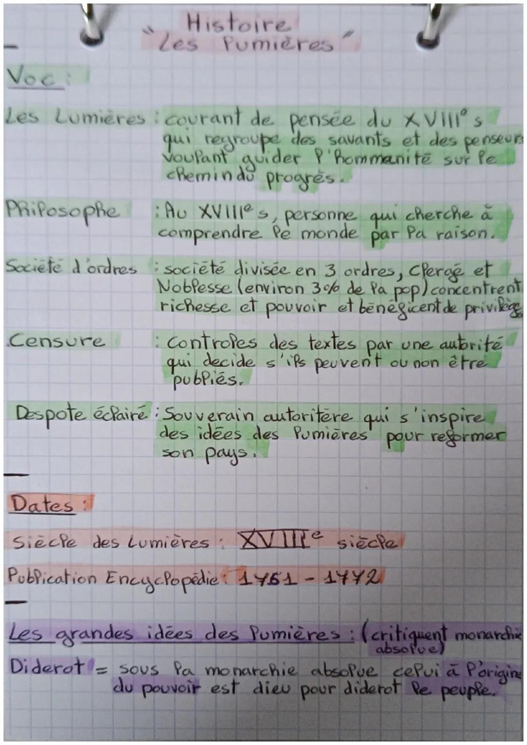 Histoire
"Les Pumières"
Voc
Les Lumières courant de pensée du XVIII°s
qui regroupe des savants et des penseun
voulant guider P'hommanité su