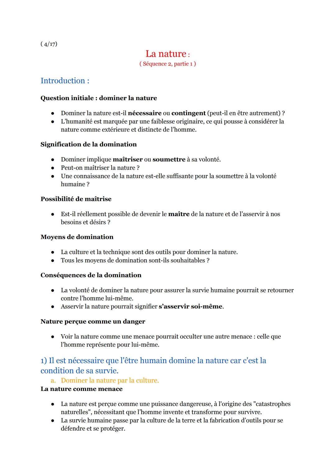 (4/17)
La nature:
(Séquence 2, partie 1)
Introduction :
Question initiale: dominer la nature
* Dominer la nature est-il nécessaire ou contin