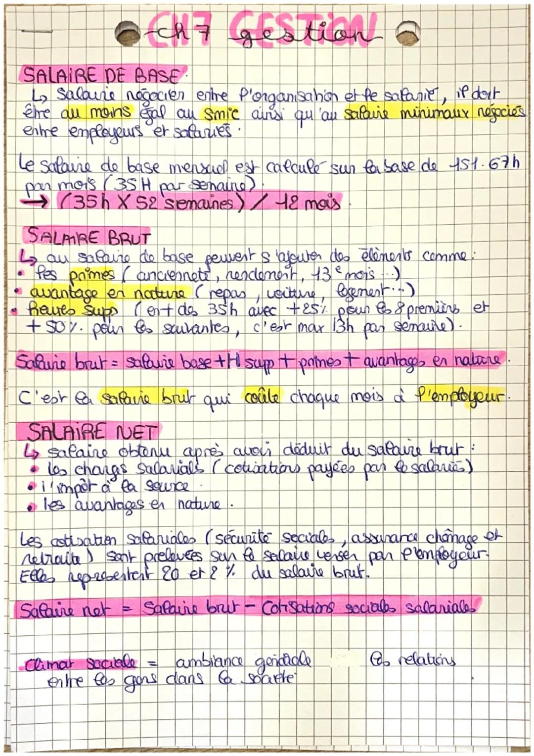 ●CH7 gestion a
SALAIRE DE BASE.
L₂ Salaire négocier entre P'organisation et fe safarie, if doit
être all moins gal au smic aiis qu'au salair