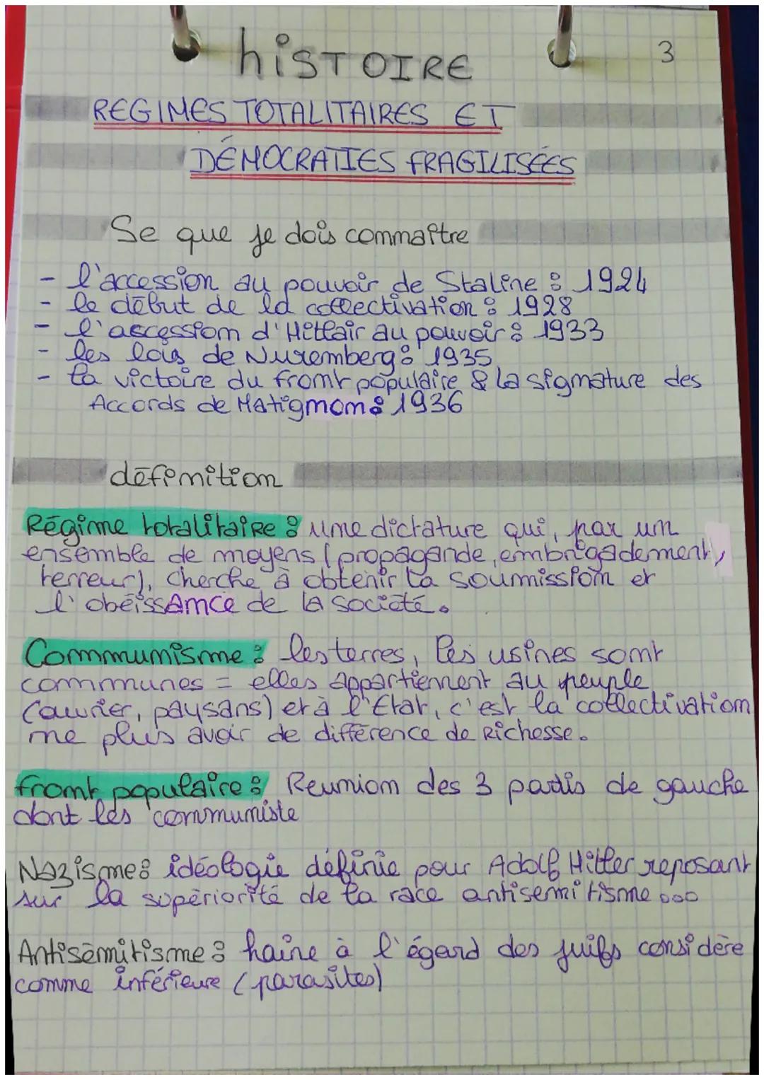 # hist OIRE
REGIMES TOTALITAIRES ET
DEMOCRATIES FRAGILISÉES
Se que je dois commaitre
- l'accession au pouvoir de Staline : 1924
- le déb