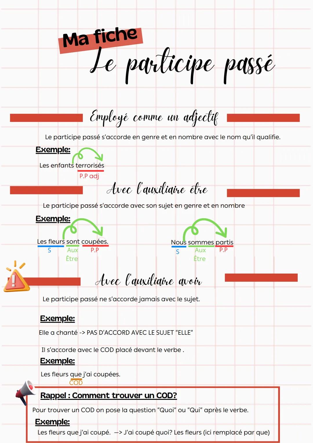 Ma fiche
Te participe passé
Employé
comme un
adjectif
Le participe passé s'accorde en genre et en nombre avec le nom qu'il qualifie.
Exemple