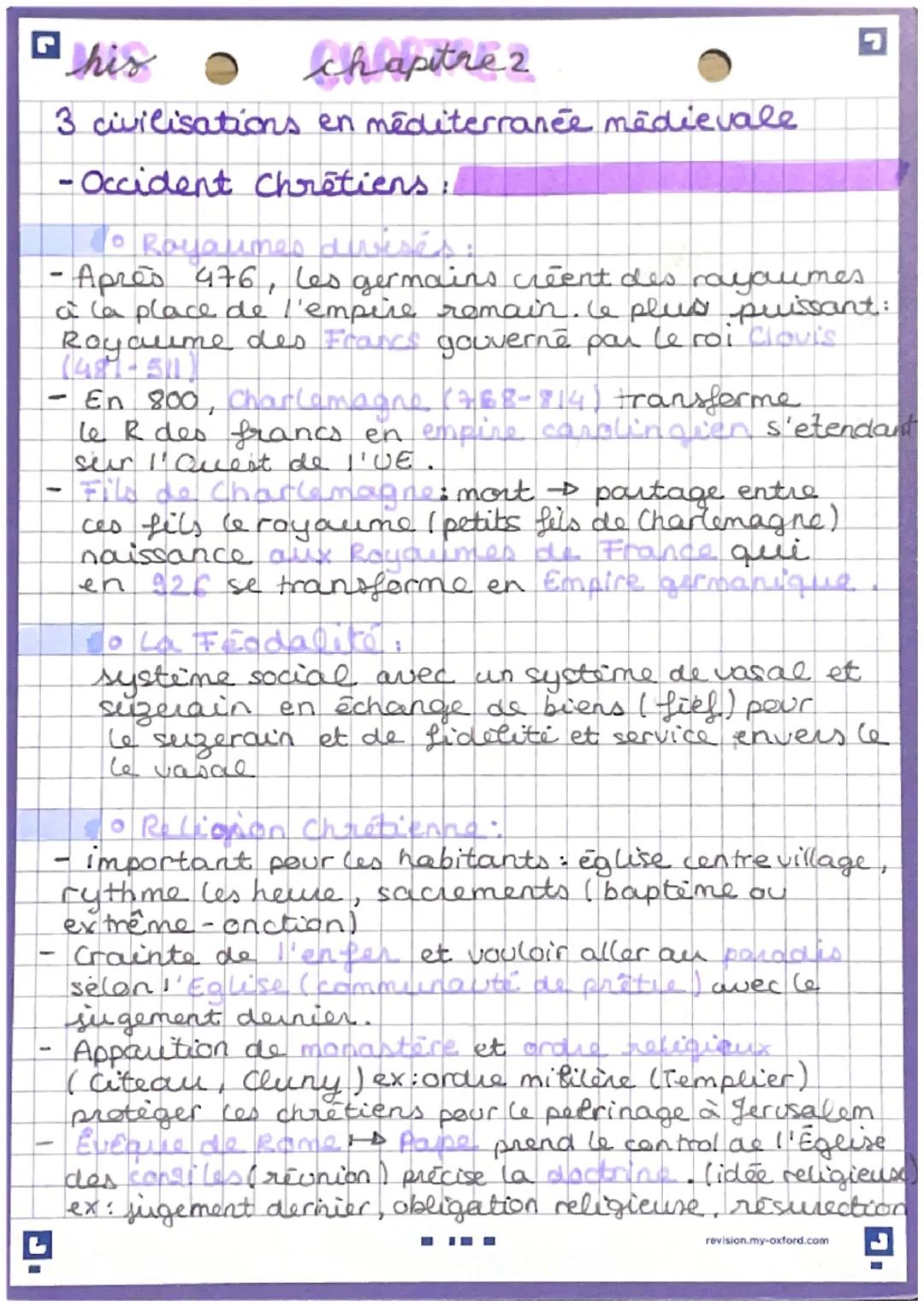 □ his
chapitre 2
3 civilisations en méditerranée medievale
-Occident Chrétiens:
To Royaumes divisés
- Après 976, les germains créent des ray