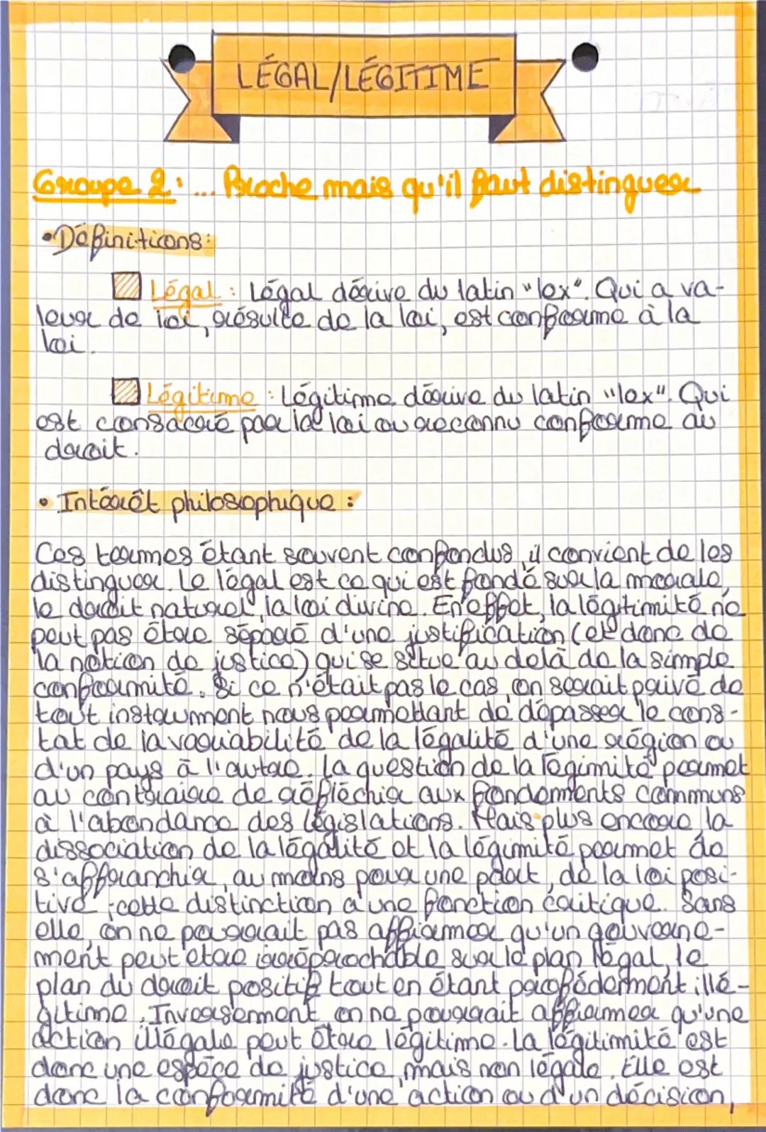 # LÉGAL/LÉGITIME
Groupe 2 : ... Proche mais qu'il faut distinguer
• Définitions :
- Légal : Légal dérive du latin "lex". Qui a valeur de