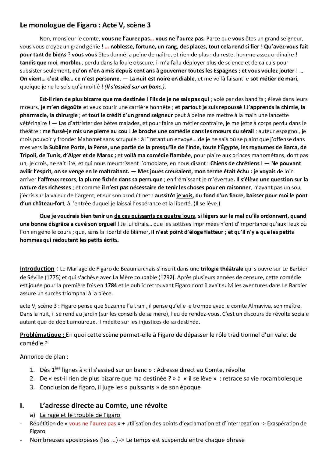Analyse du Monologue de Figaro et Thèmes du Mariage de Figaro