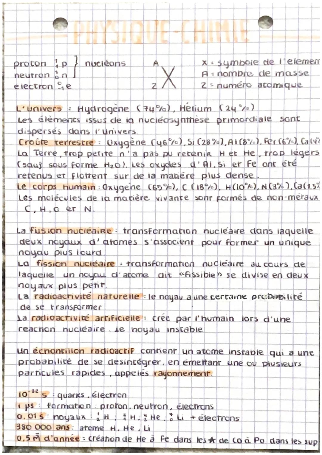 proton p
neutronn
electrone
nuciéons
A
2
X
x= symbole de l'elemen
A nombre de masse
Z= numéro atomique
L'univers Hydrogène (74%), Hétium (