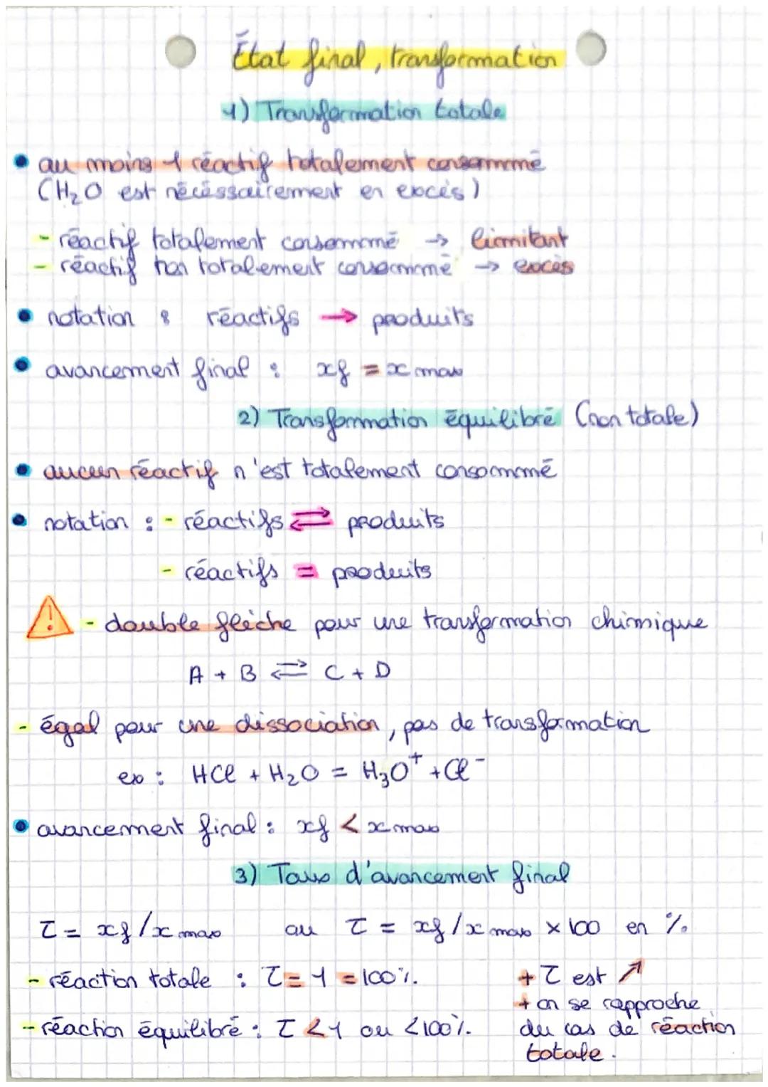 État final, transformation
(4) Transformation totale
• au moins I reactif totalement consomme
CH₂O est nécessairement en exces)
reactif tota