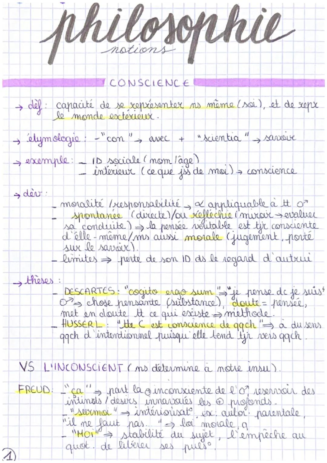 1
philosophie
→ étymologie : -" con ">
→ exemple: 10 sociale (nom Tage)
↓
CONSCIENCE
def:
capacité de se représenter ns même (soi), et de re