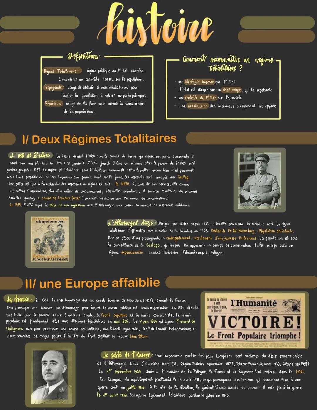 # Definitions
histoine
Régime Totalitaire régime politique où l'Elat cherche
à maintenir un contrôle TOTAL sur la population.
Propagande