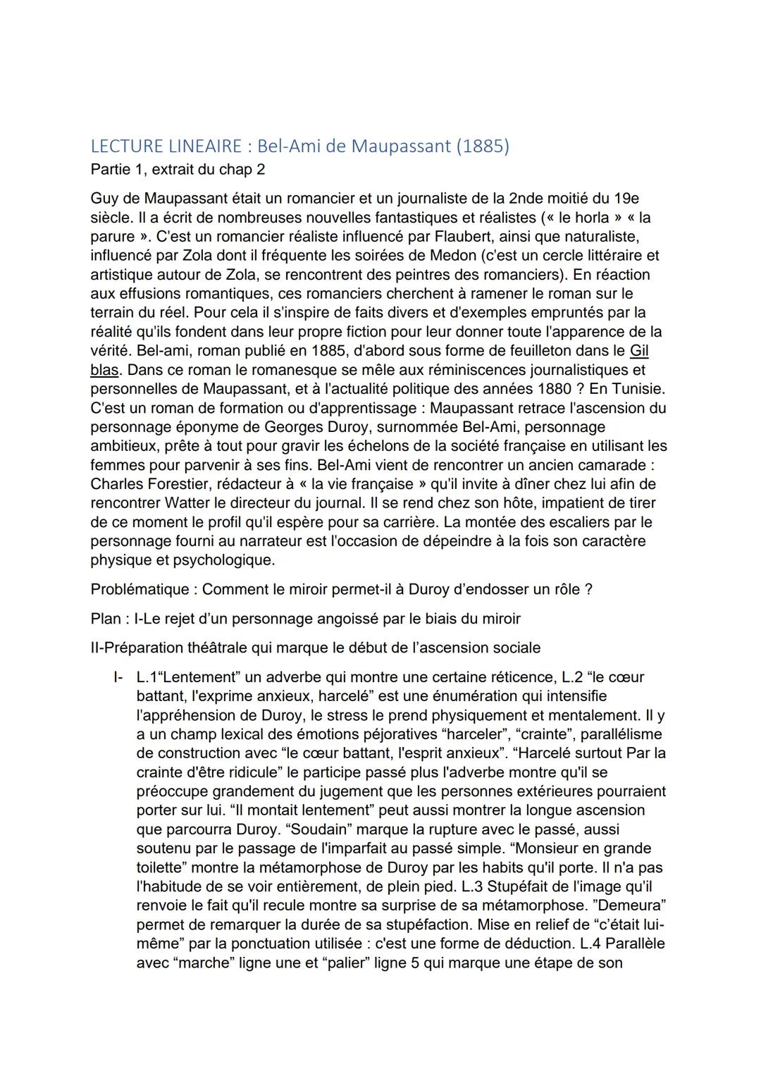 Objet d'étude n°1 :Le roman et le récit du Moyen Âge au XXIe siècle
Bel-Ami, Maupassant
Partie I, extrait du chapitre 2
Il montait lentement