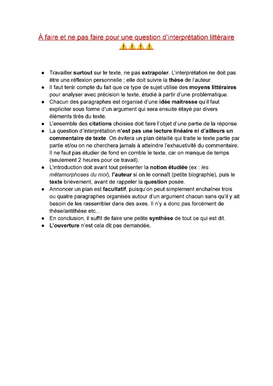 Ce qu'il faut faire et ne pas faire pour la question d'interprétation littéraire