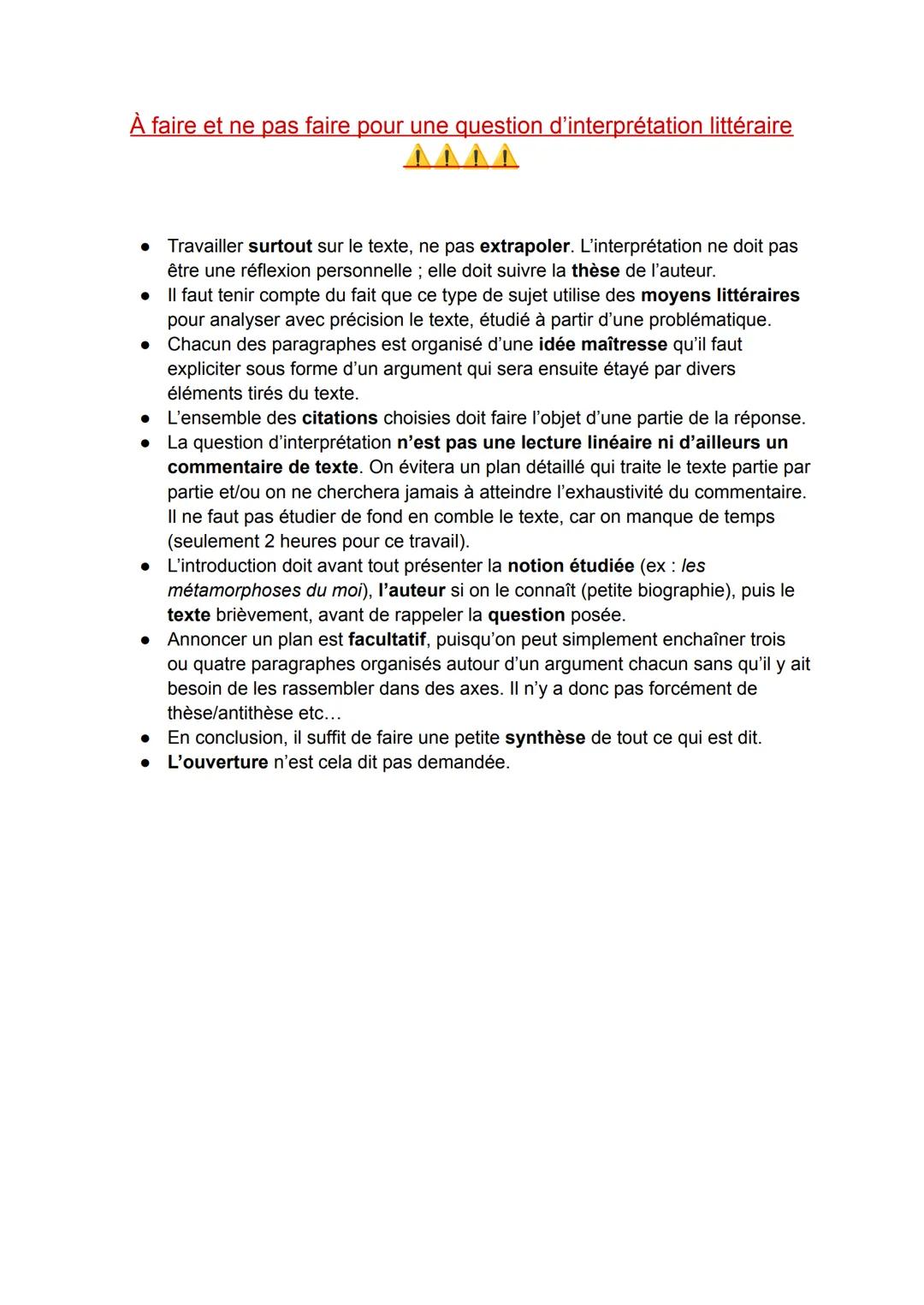 À faire et ne pas faire pour une question d'interprétation littéraire
● Travailler surtout sur le texte, ne pas extrapoler. L'interprétation