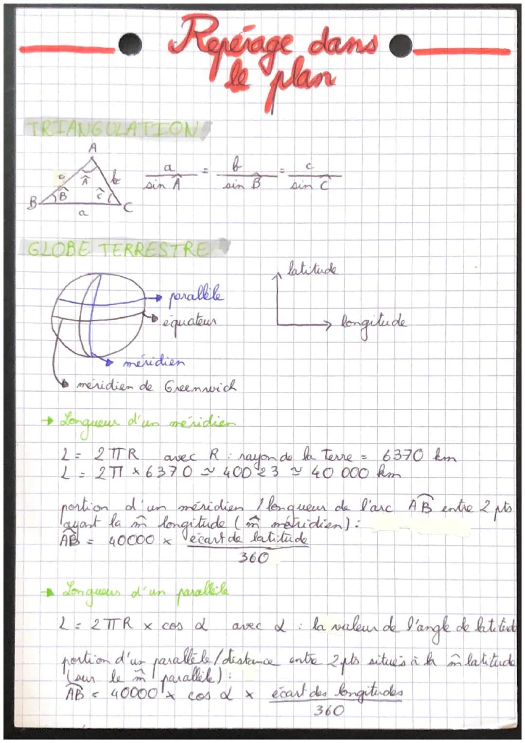 # Repérage dans
le plan
TRIANGULATIONS
A
$
\frac{a}{sin A} = \frac{b}{sin B} = \frac{c}{sin C}$
BB
a
sis
GLOBE TERRESTRE
parallile