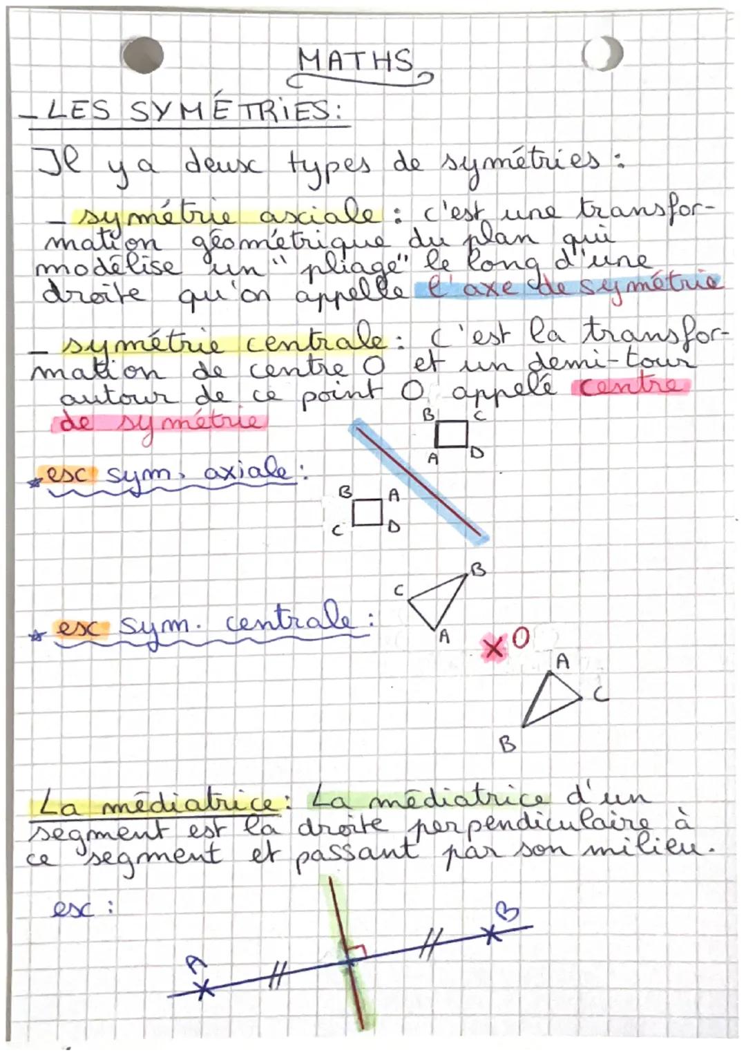 MATHS
-LES SYMÉTRIES:
Jl y a deusx types de symétries:
- symétrie axiale : c'est une transfor-
mation géométrique du plan quine
modelise