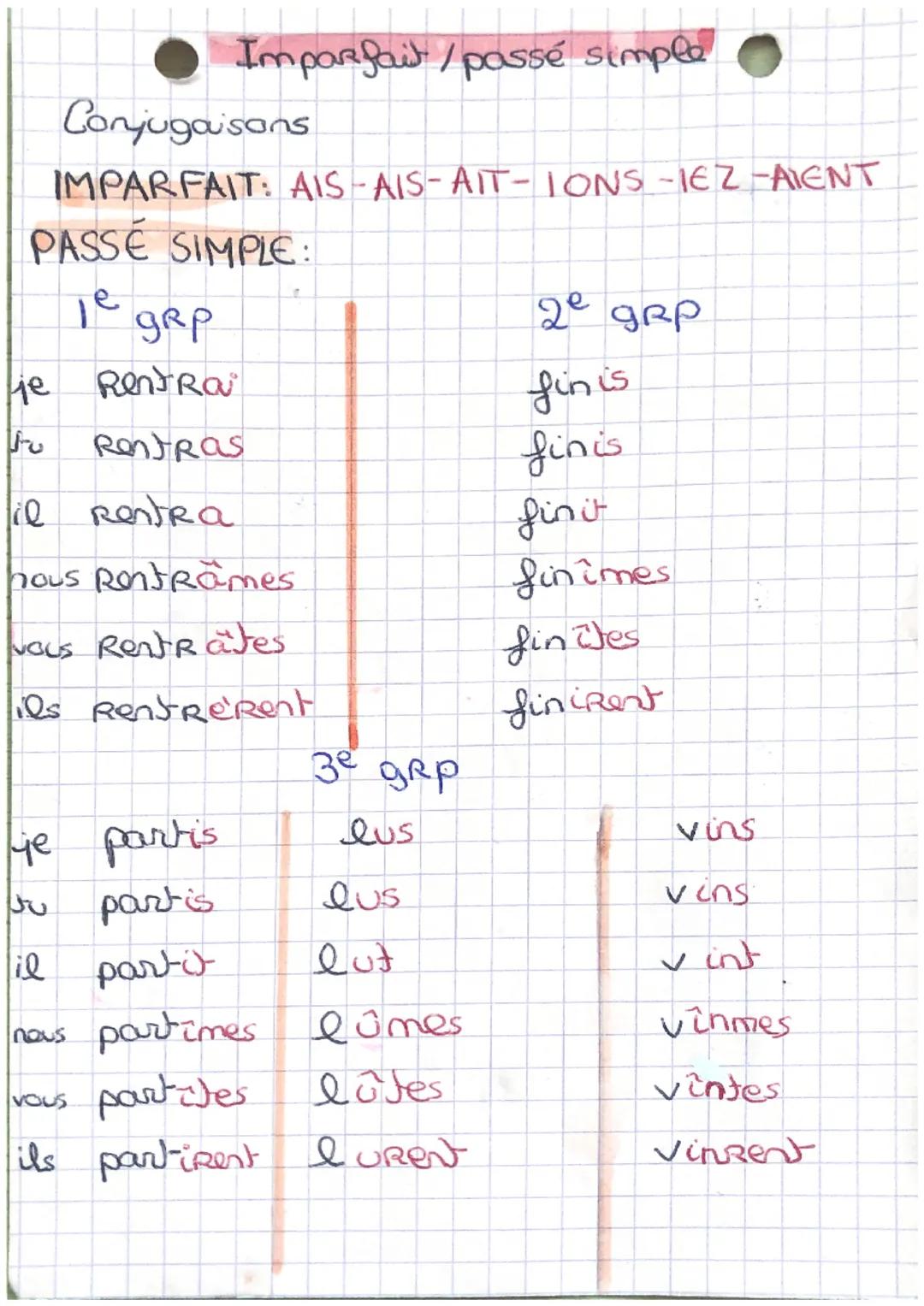 Conjugaisons
IMPARFAIT: AIS-AIS-AIT-IONS-IEZ-AIENT
PASSE SIMPLE:
je
Hje
to
Imparfait /passé simple
двр
RentRa
Rentras
il RestRa
hous RentRam