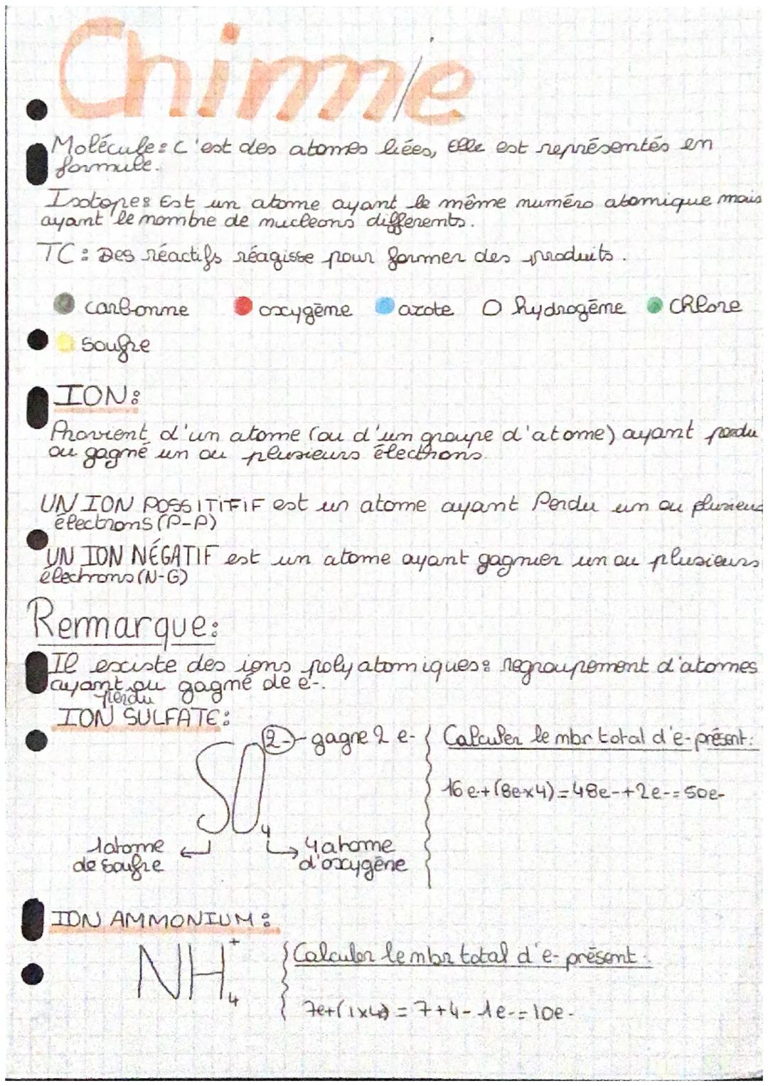 Chimnie
Molécule : C'est des atomes liées, elle est représentés en
Isotopes est un atome ayant le même numéro atomique mais
ayant le nombre