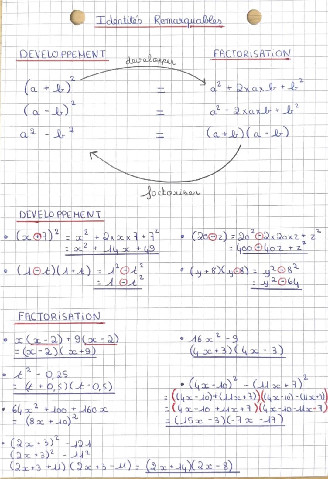Identité's Remarquables
DEVELOPPEMENT
2
(a + b)²
(a-b)²
2
a
-
b
2
developper
+1
=
H
FACTORISATION
2
a² + 2x ax b + b
axb
2
a² - 2 xaxb+ b²
(