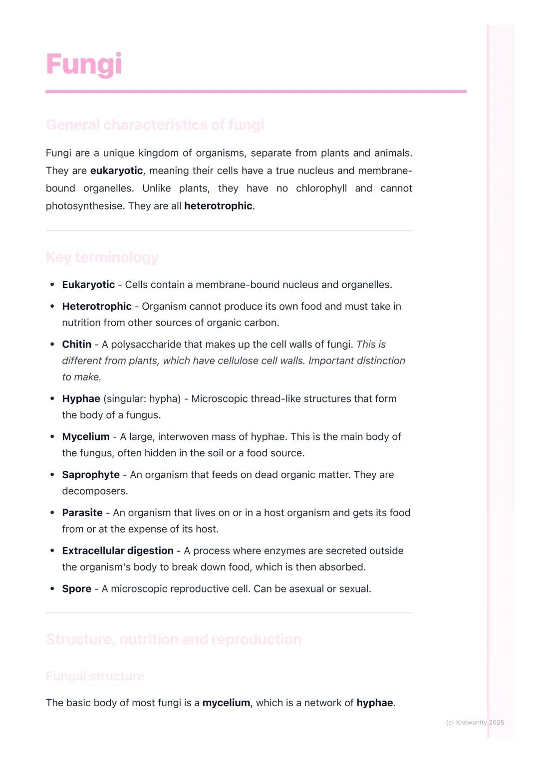 # Fungi
General characteristics of fungi
Fungi are a unique kingdom of organisms, separate from plants and animals.
They are eukaryotic, m