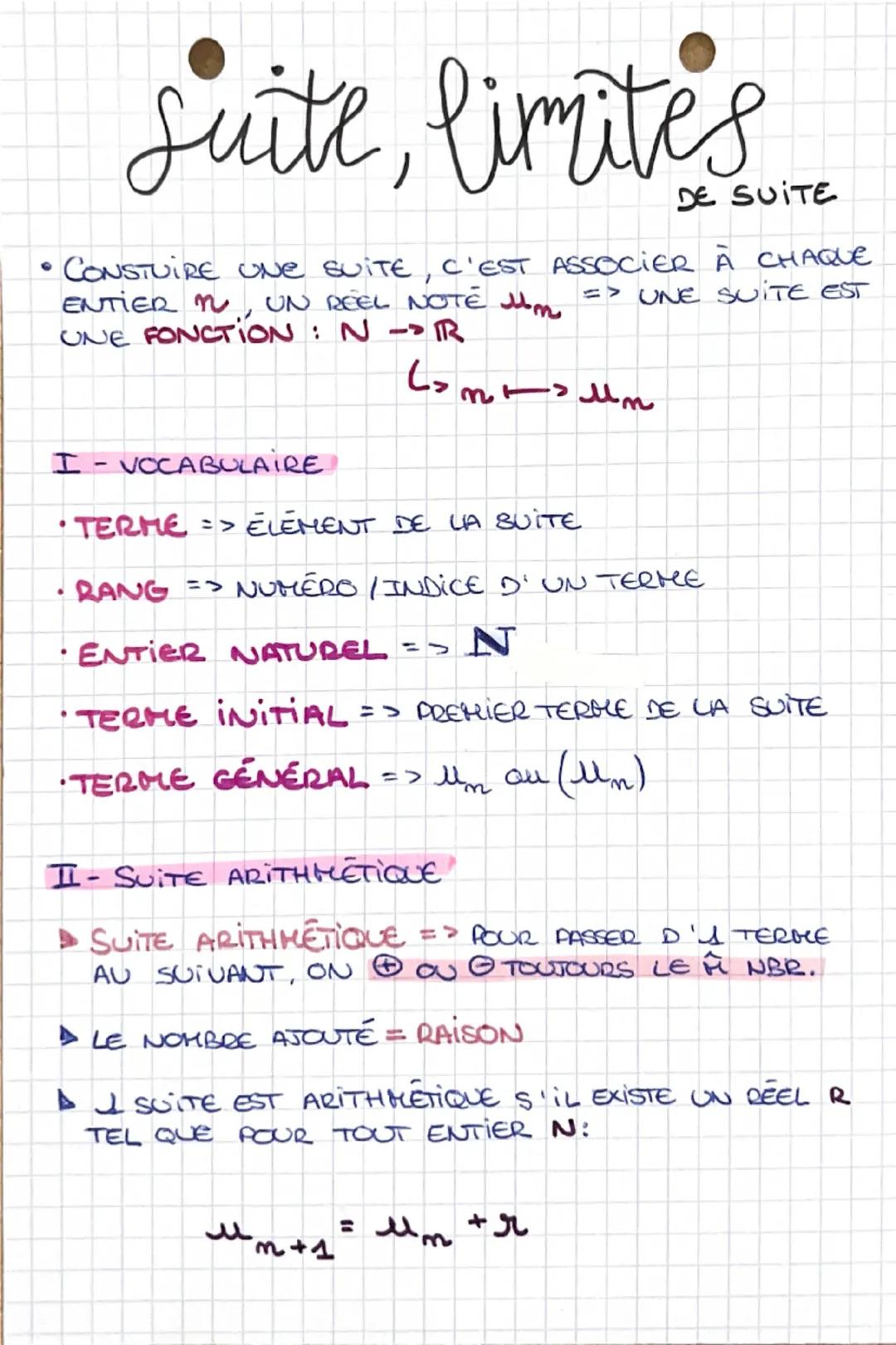 Suite, limites
DE SUITE
CONSTUIRE UNE SUITE, C'EST ASSOCIER À CHAQUE
ENTIER M UN REEL NOTE um => UNE SUITE EST
UNE FONCTION : N -> R
Csms un