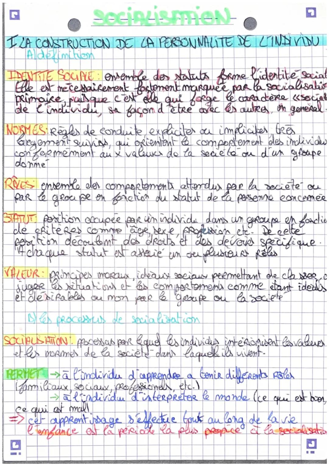 # Socialismien-
I LA CONSTRUCTION DE LA PERSONNALITE DE L'INDIVIDU
Aldefinition
IDENTITE SOCIPLE: ensemble des statuts forme bidentite soc