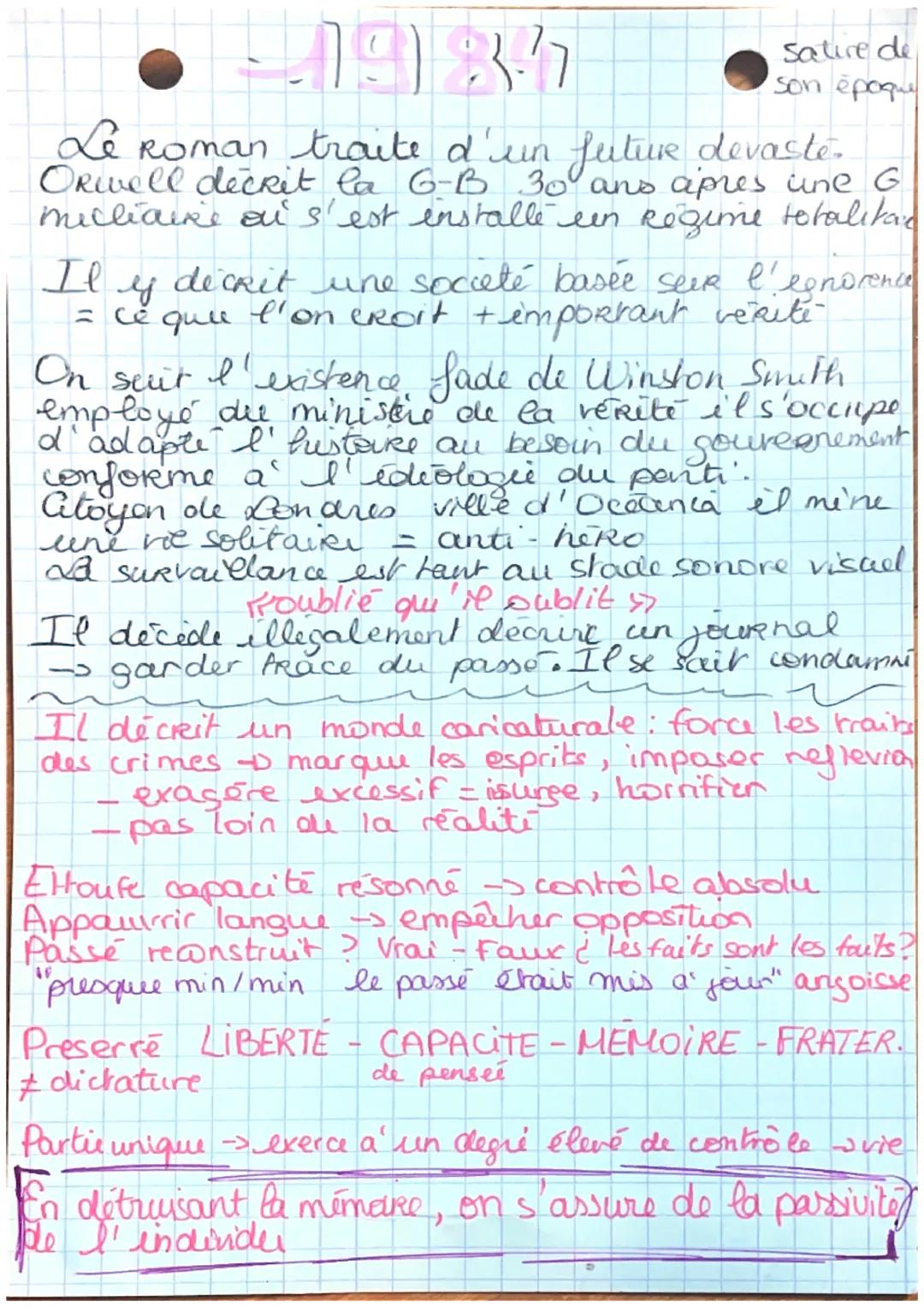 1987
Satire de
son époque
Le Roman traite d'un future devaste.
Orwell décrit la G-B 30 ans apres ine G
milliaire ai s'est installé en Régim