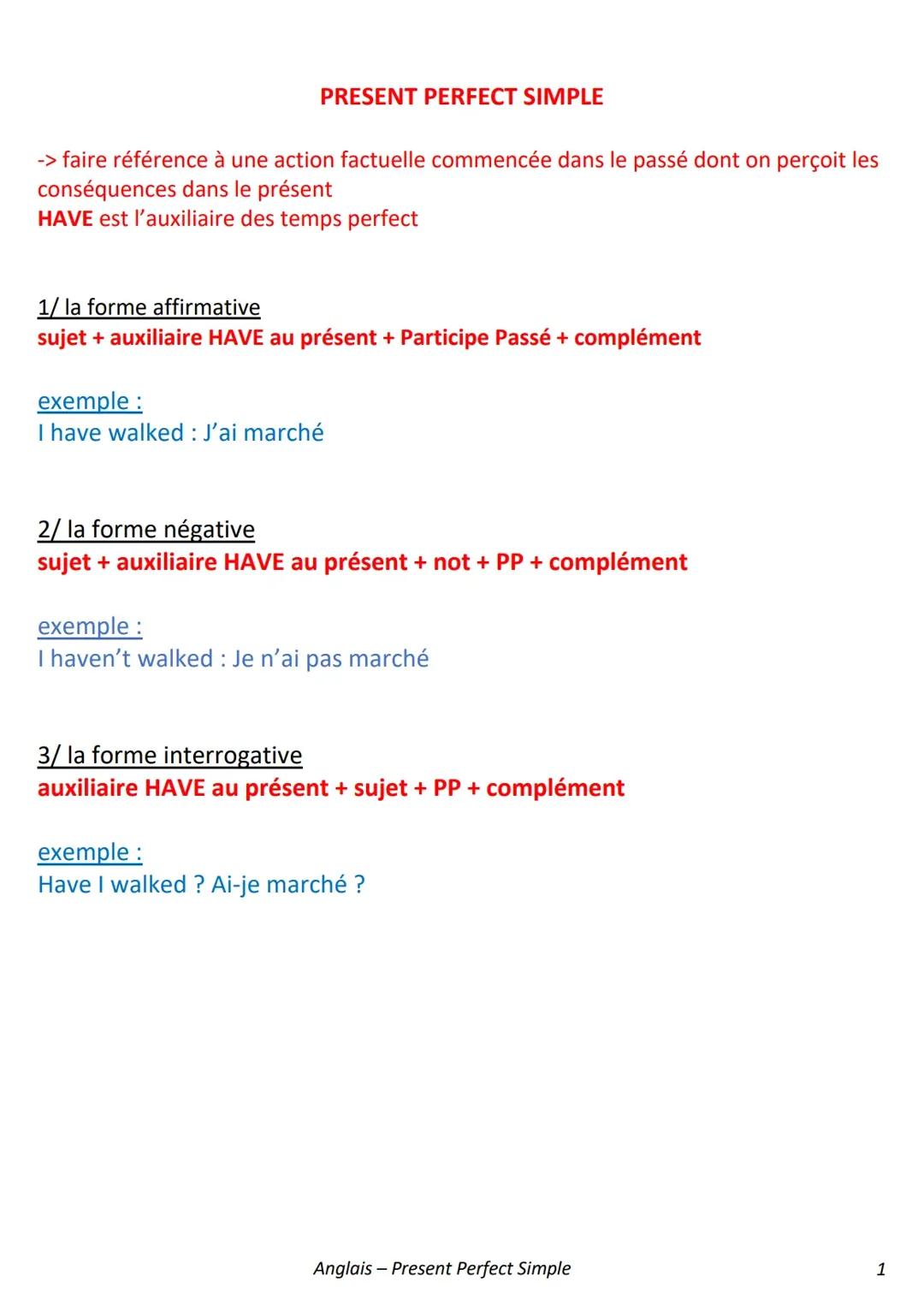 PRESENT PERFECT SIMPLE - ANGLAIS