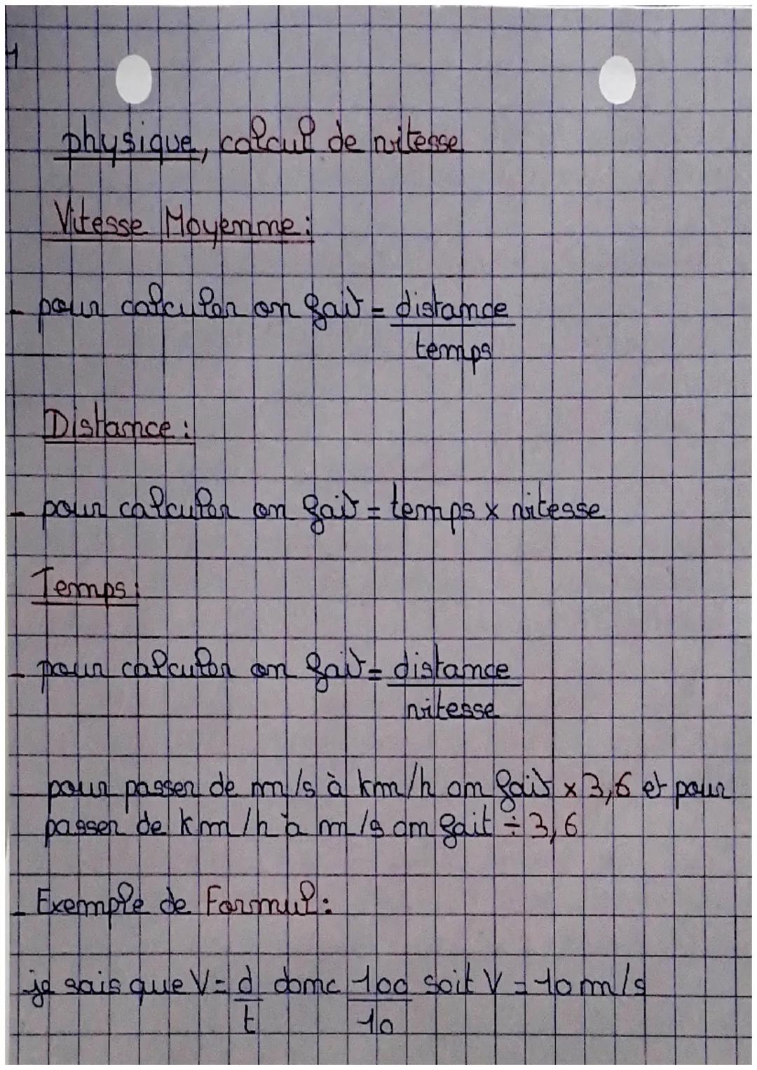 # physique, calcul de vitesse
Vitesse Moyenme:
- pour calculer on Saw = $\frac{distance}{temps}$
Distance:
- pour calculer on fait = temps